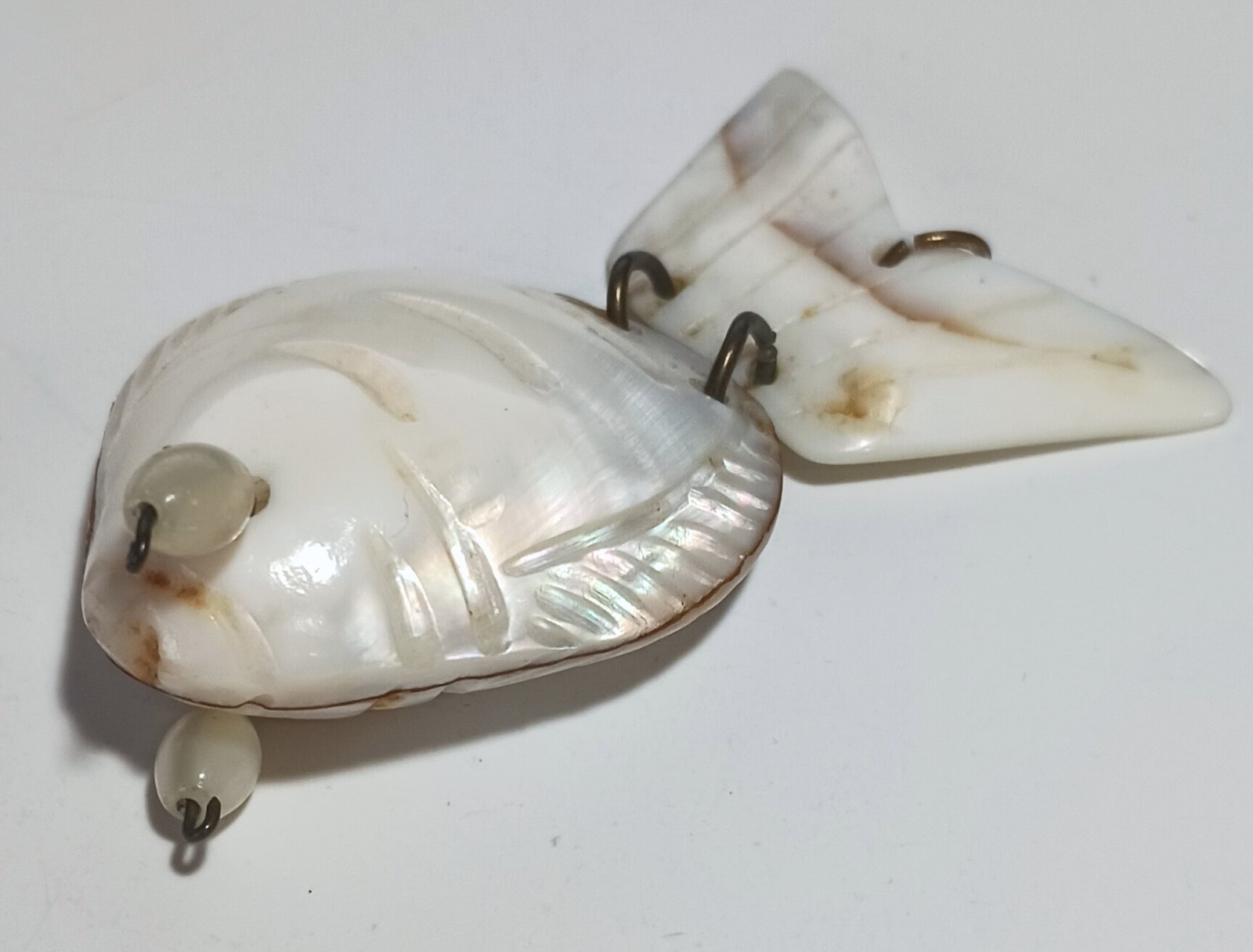 Vintage Large Articulated Fish Pendant Made of Carved Shells & Wire