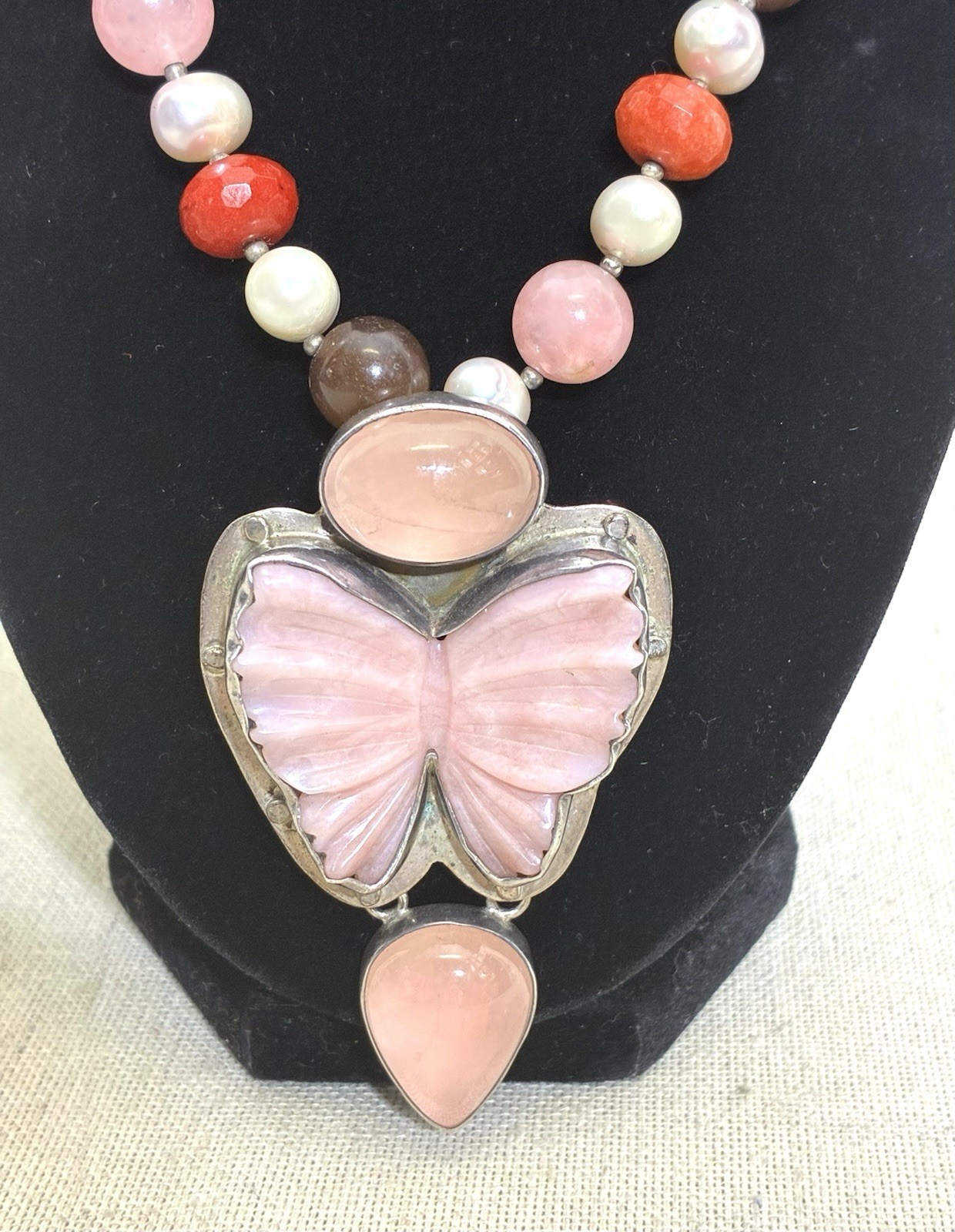 Sterling Silver AKR Amy Kahn Russel Rose QuartsButterfly Pendant Brooch Necklace