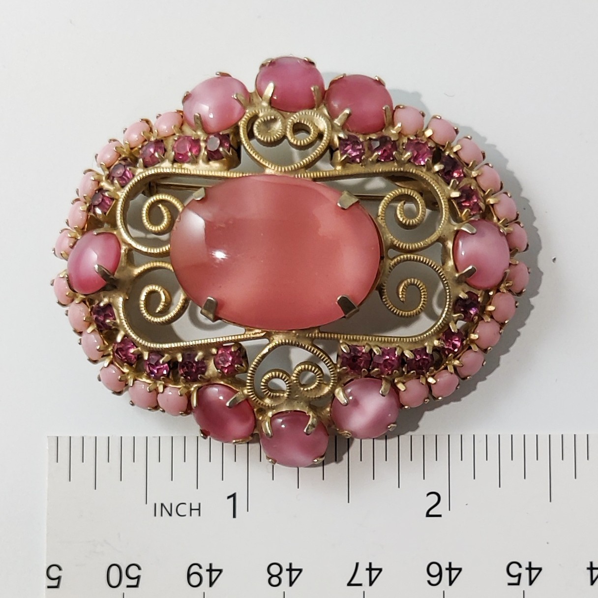 Vintage 1950-60s Brooch Large Moonstone Glass Cabochon Pink Milk Glass Prong Set