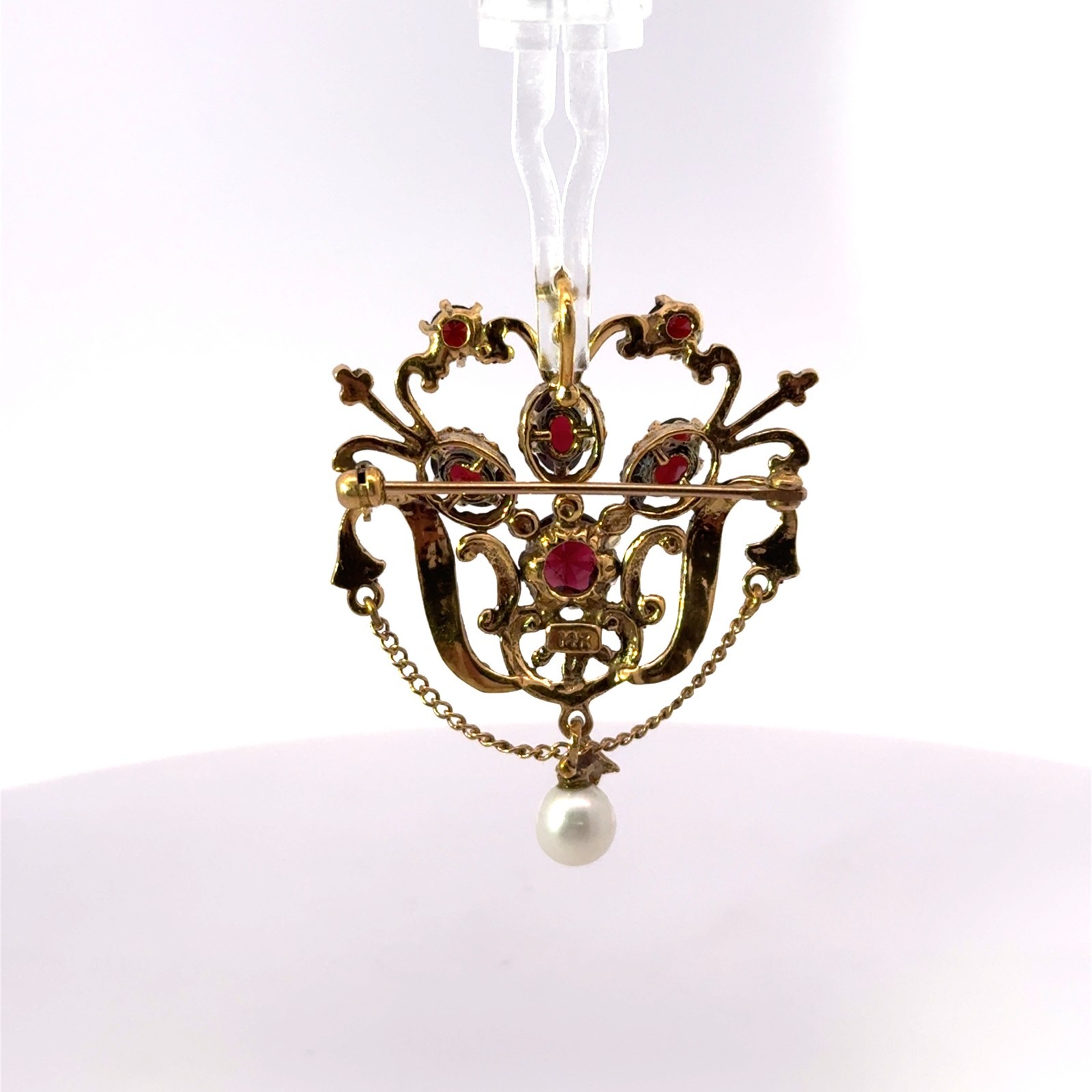Antique 14k Stamped Yellow Gold Garnet & Pearl Brooch Pin