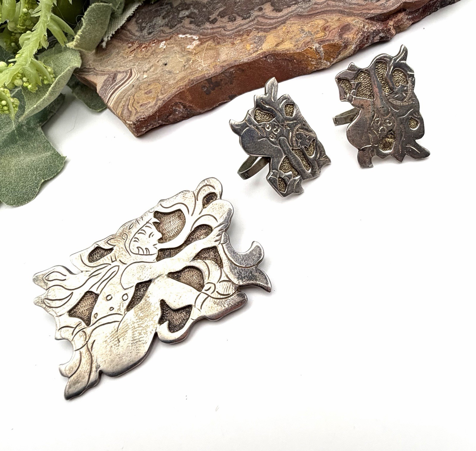 VINTAGE STERLING GUATEMALA PIN BROOCH+SCREWBACK EARRINGS Set R&M Estate Jewelry!