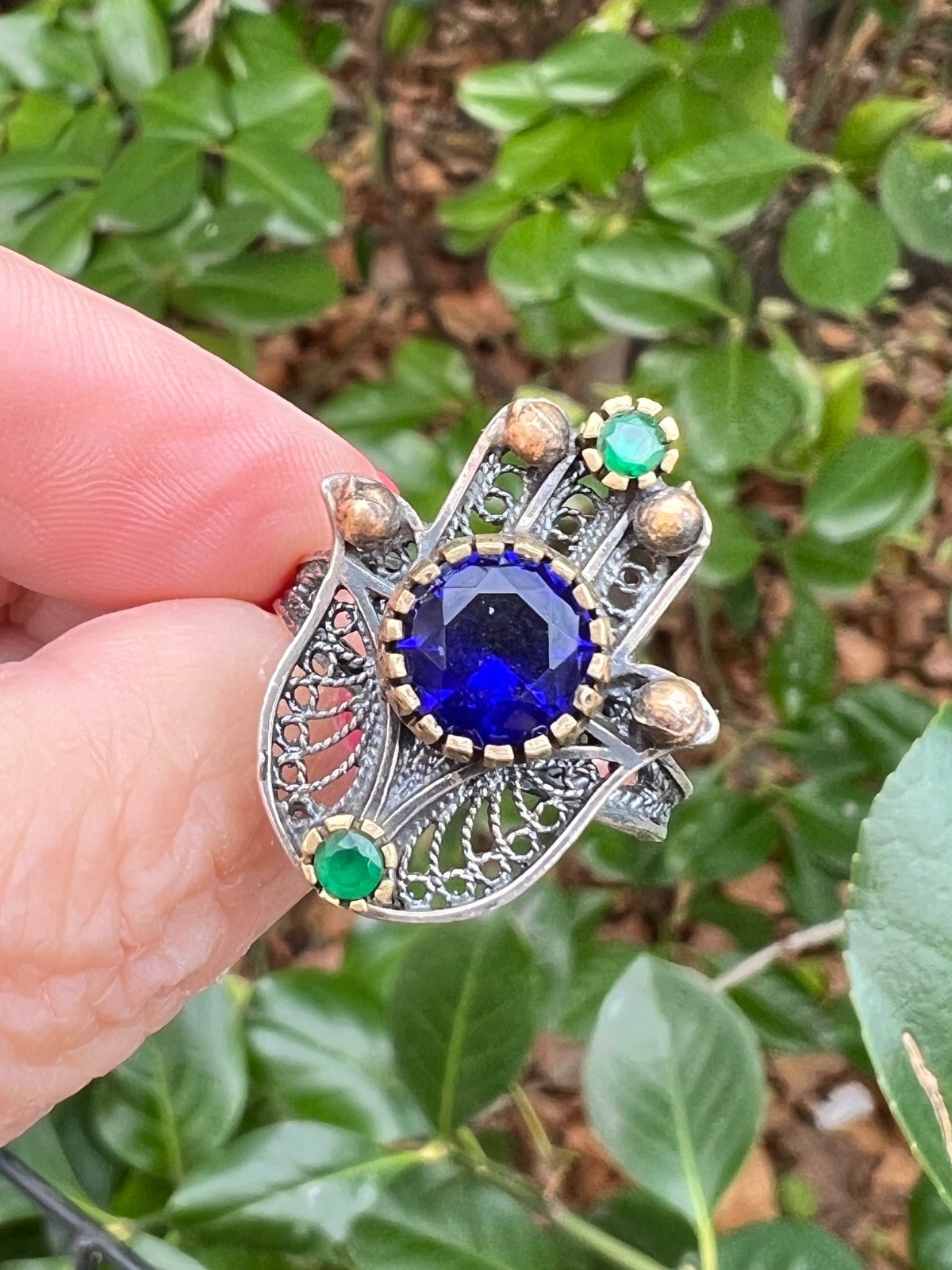 VINTAGE HAMSA VIVID BLUE GREEN PASTE GLASS STONES 925 STERLING SILVER UNIQUE