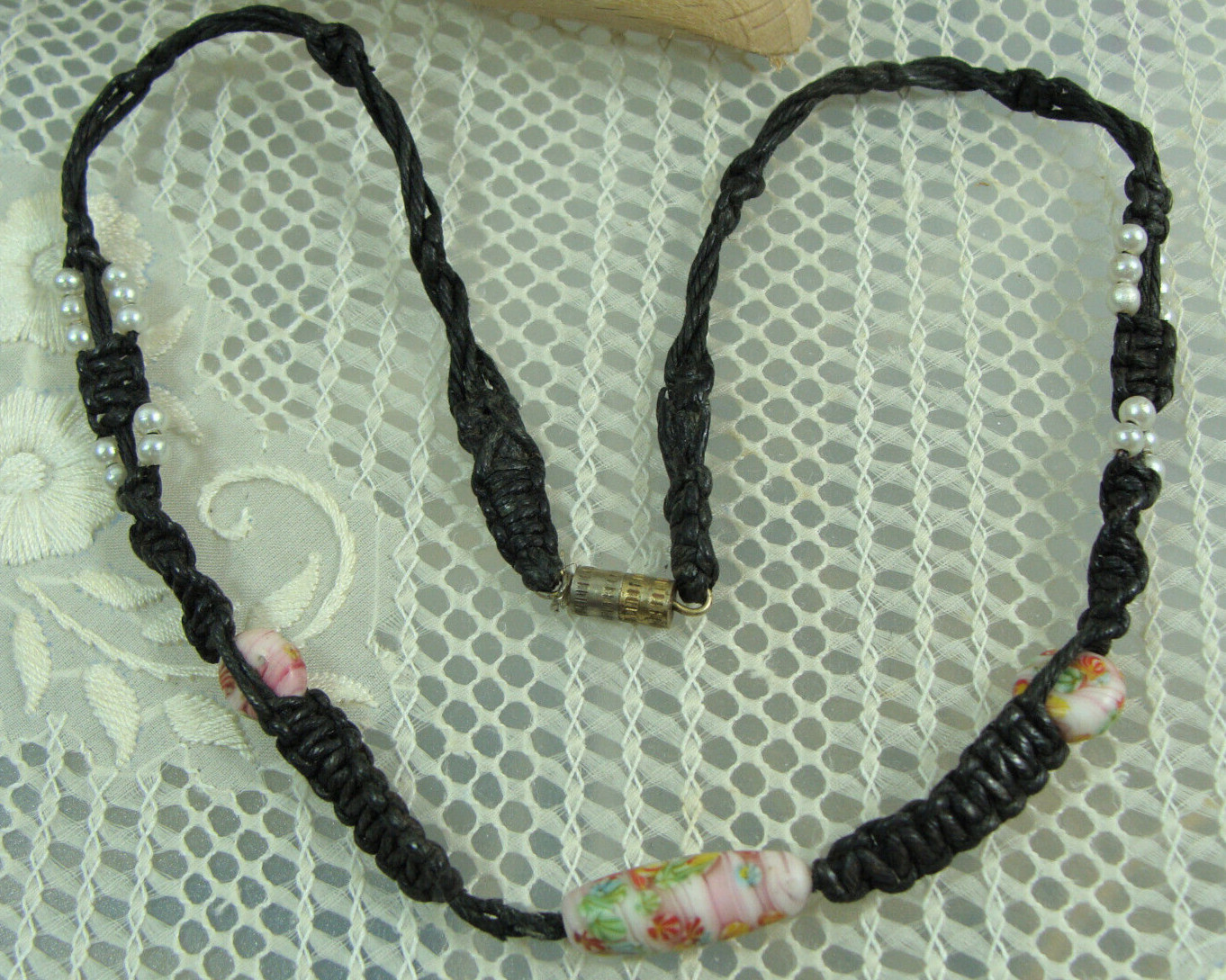 Vtg Millefiori Glass Bead Faux Pearl Hemp Macrame Bohemian Hippy Choker Necklace