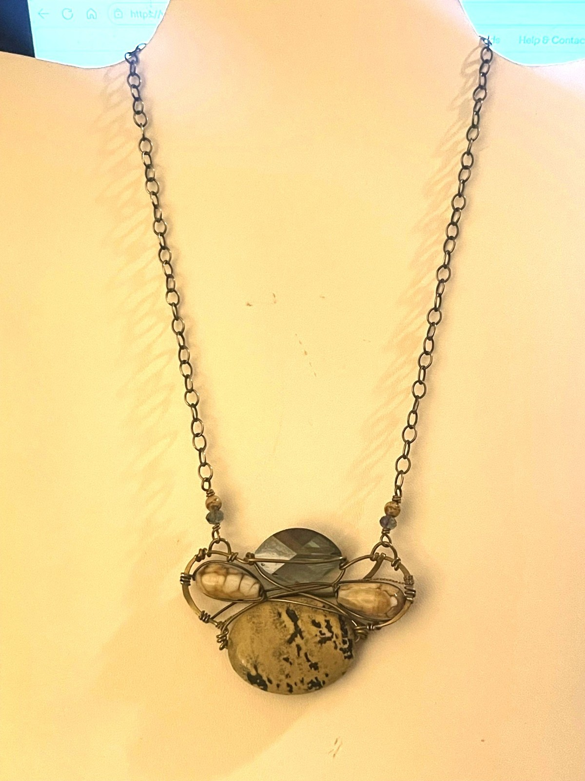 Vintage ONE OF A KIND Sterling Mixed Metal Dalmation Jasper Shell Necklace