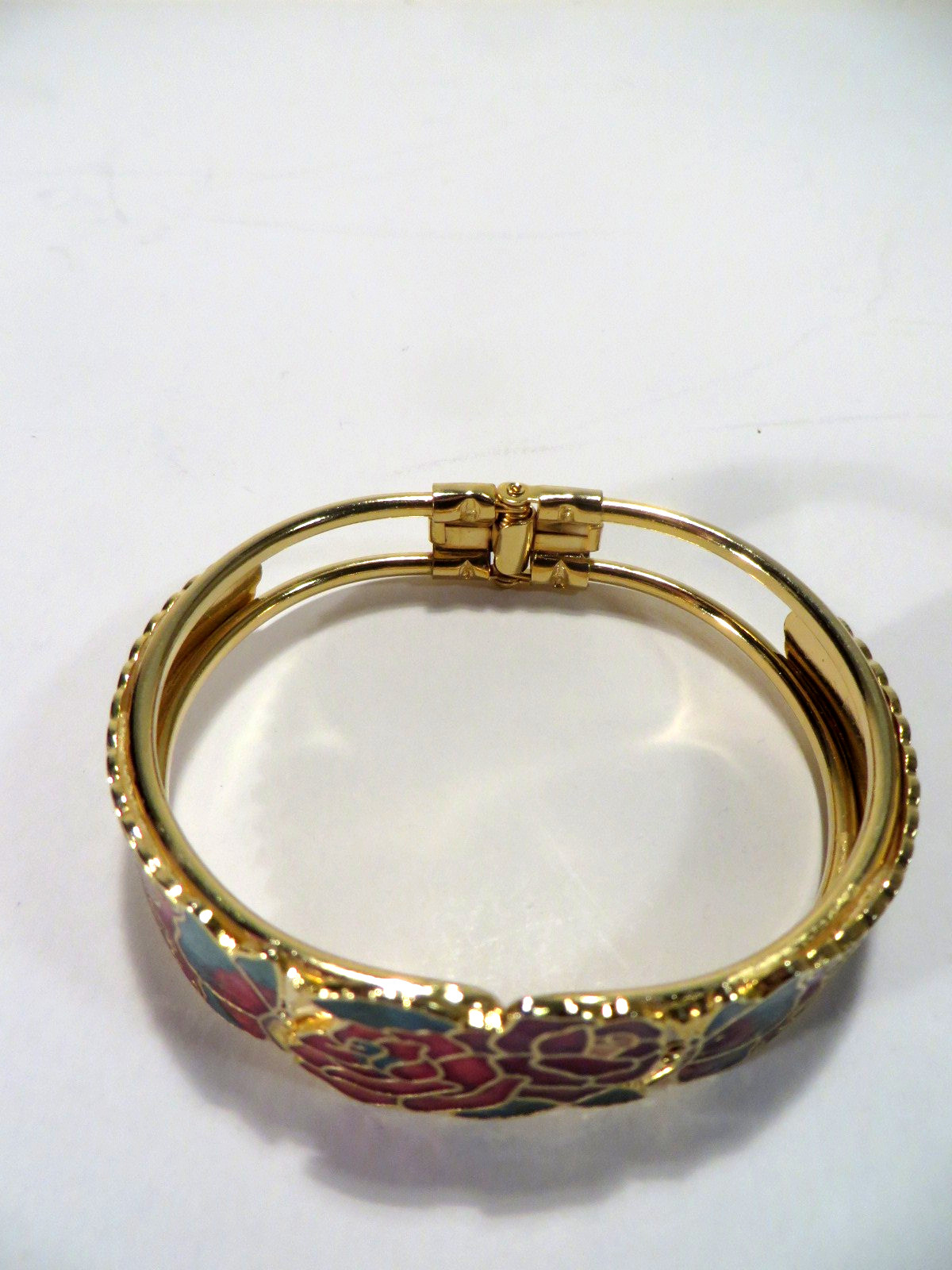 Vintage Gold Tone Bracelet Cloisonne Red & Pink Roses Hinge Opening