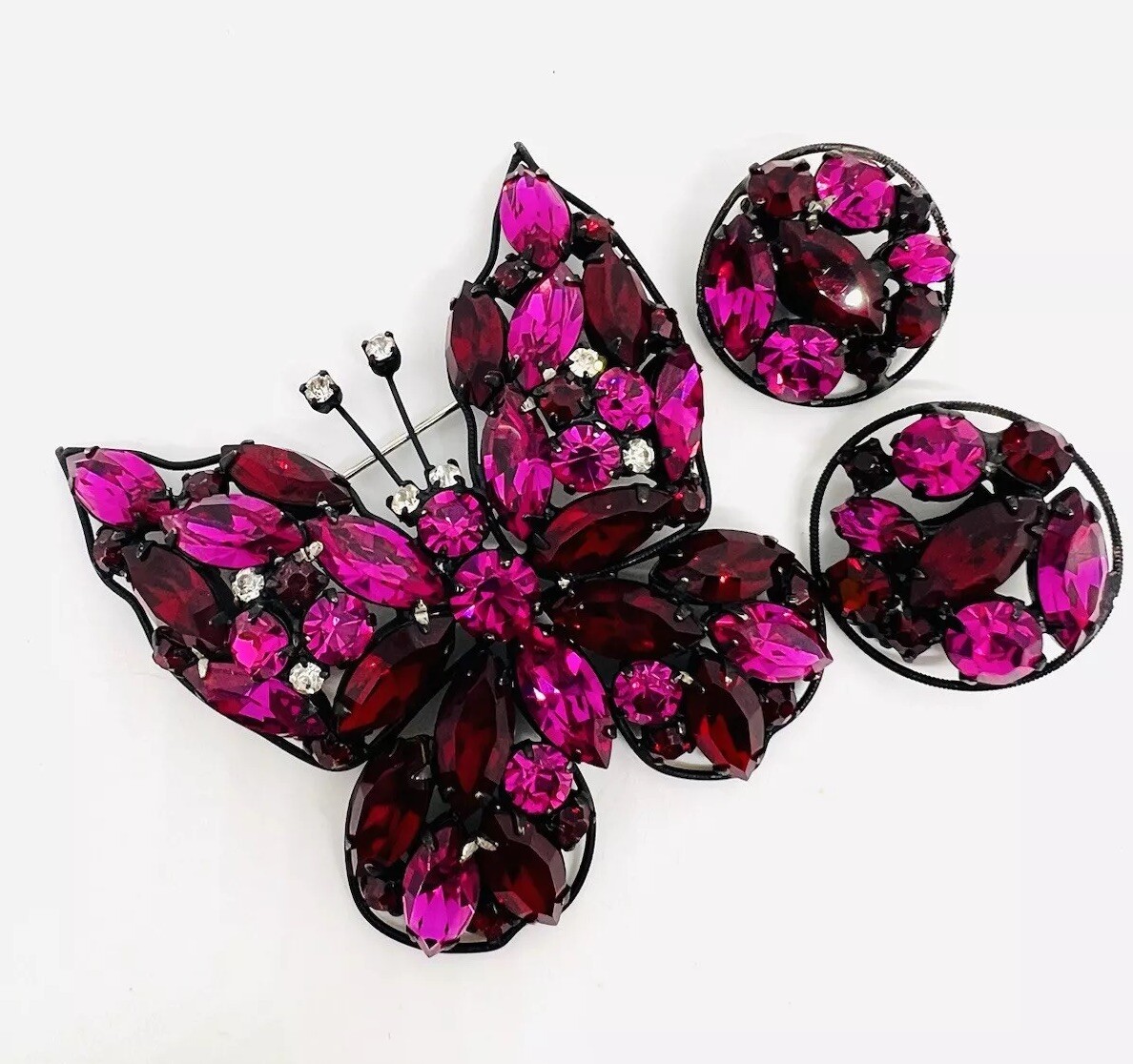 LaRoco Fuchsia & Red Rhinestone Butterfly Brooch Earrings Signed Vintage Jewelry