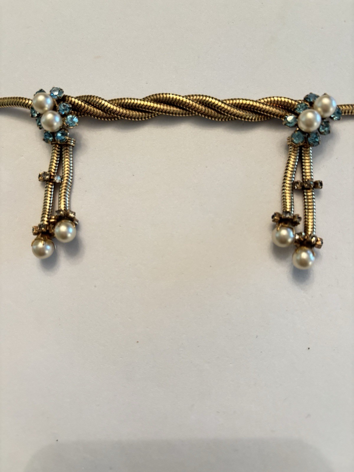 Vintage Gold Tone Festoon Snake Chain Necklace Faux Pearl Aqua Rhinestone 15”