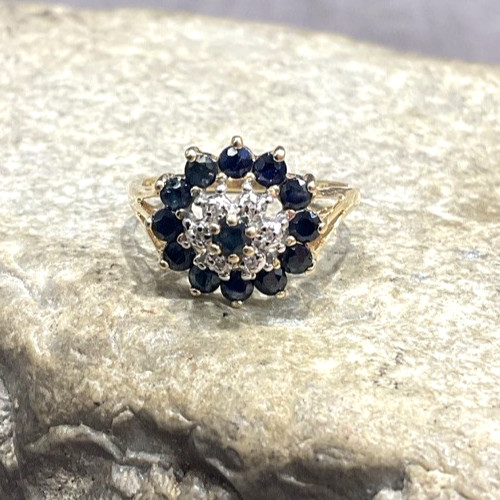 Vintage 14k Yellow Gold Sapphire & Diamond Cluster Halo Ladies Ring