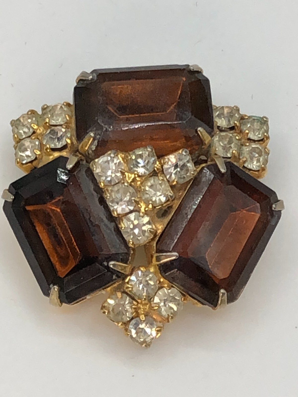 Vintage Gold Tone Amber Emerald Cut and Round Clear Rhinestone Brooch