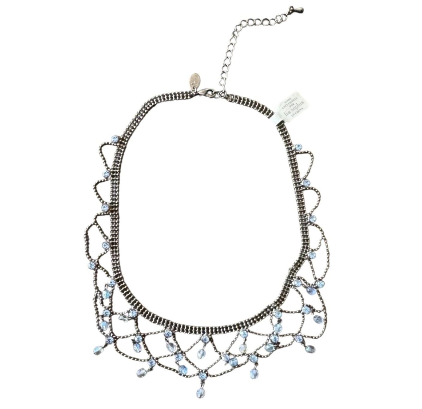 Y2K Lia Sophia Blue Rhinestone Lace Bib Choker Necklace Coquette Bead Fringe