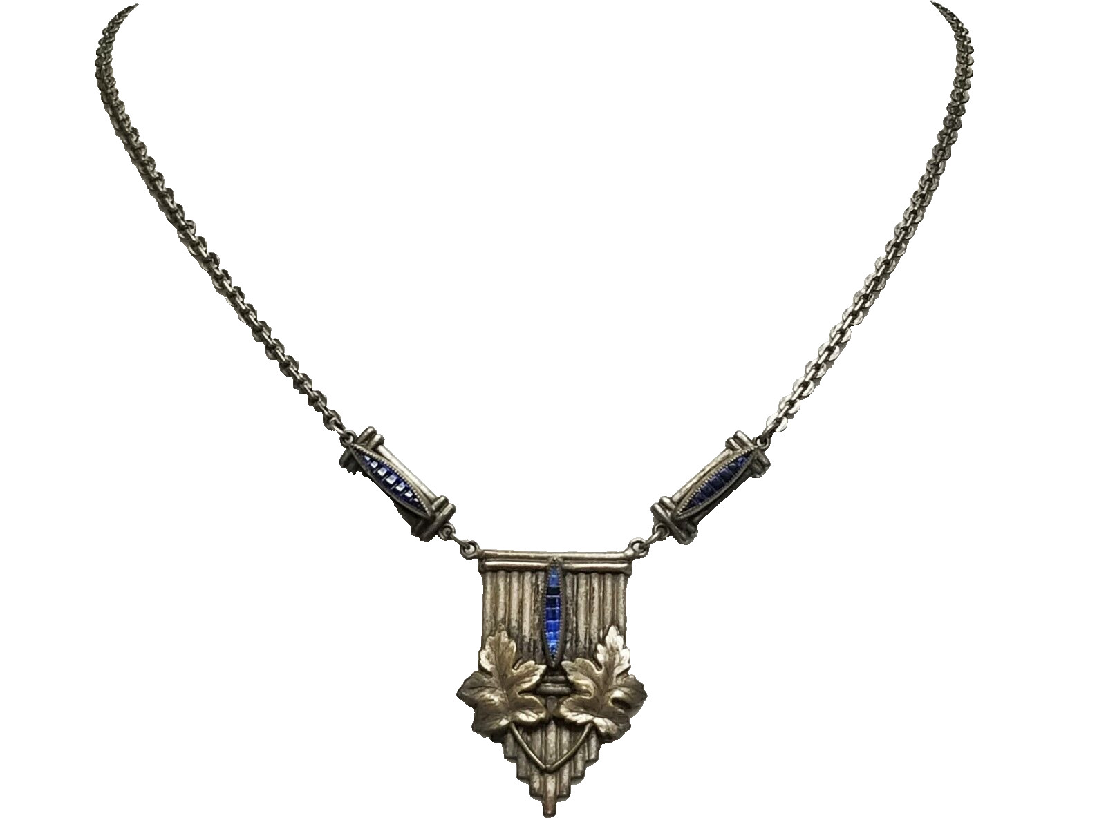 Antique Art Deco / Nouveau Simulated Sapphire Pendant Necklace Leaf Motif 18 3/4