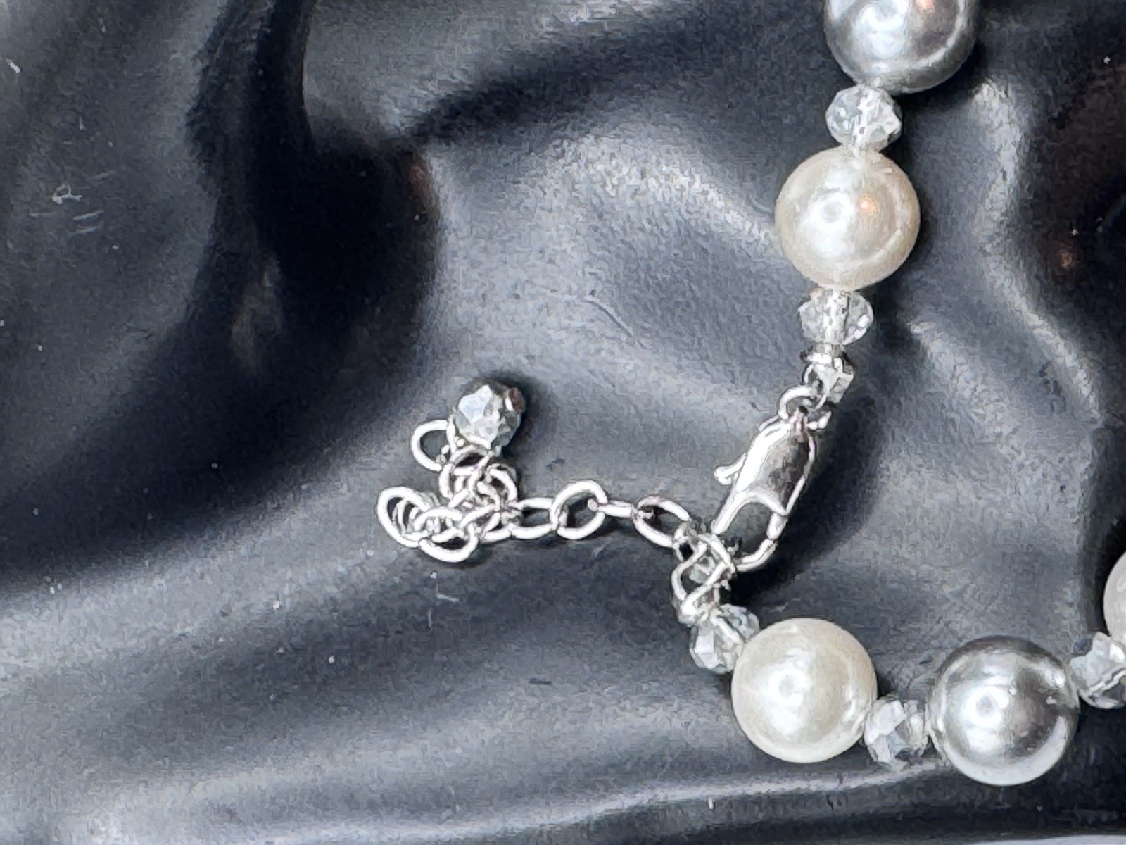 Vintage Elegant Gray and White Faux Pearl And. Crystals Necklace 16”- 18” Long