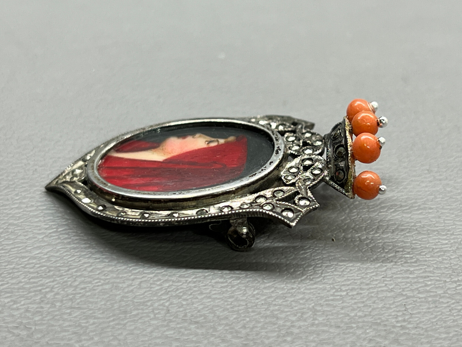 Victorian Pendant Brooch 800 Silver Virgin Mary Marcasite & Coral Hand Painted