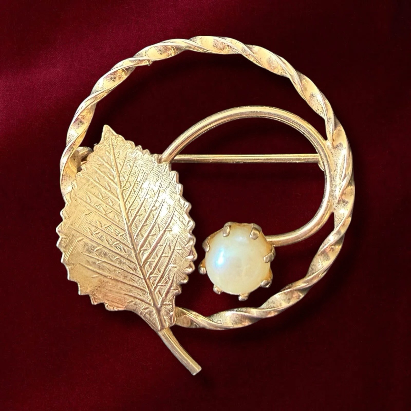 Gold Filled Leaf Brooch Cultured Pearl Pin Mid Century 1950s 12K GF Signed AC