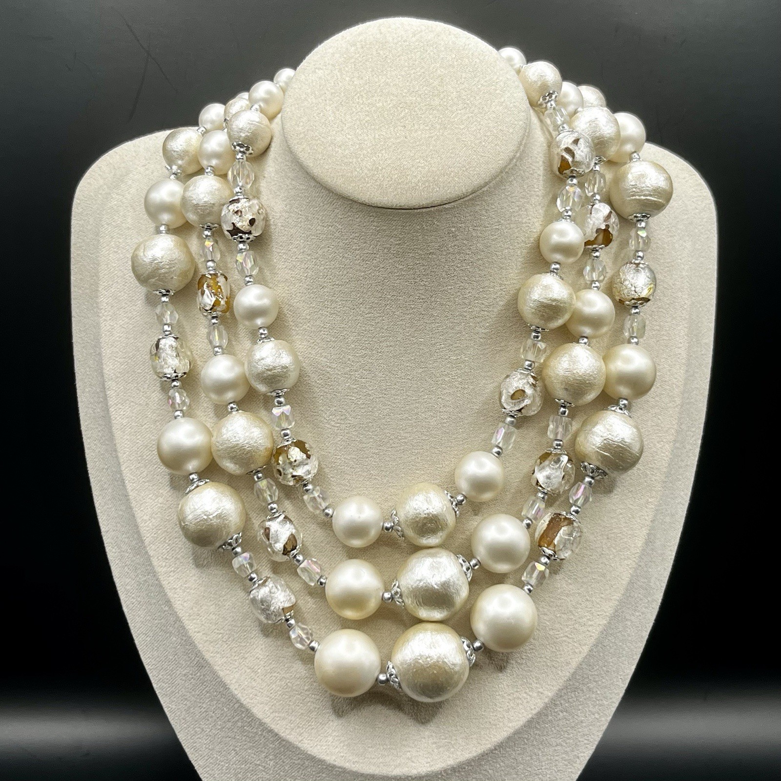 Vintage Japan Necklace Faux Pearls AB Beads Graduated Triple Strand *READ NOTES