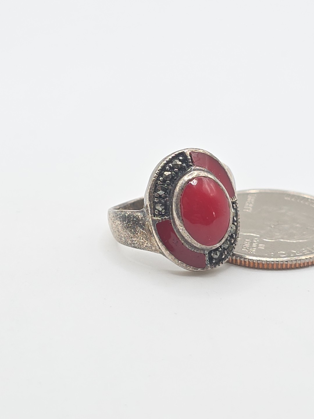 Vintage Sterling Silver 925 Oval Marcasite Red Coral Ring Size 6