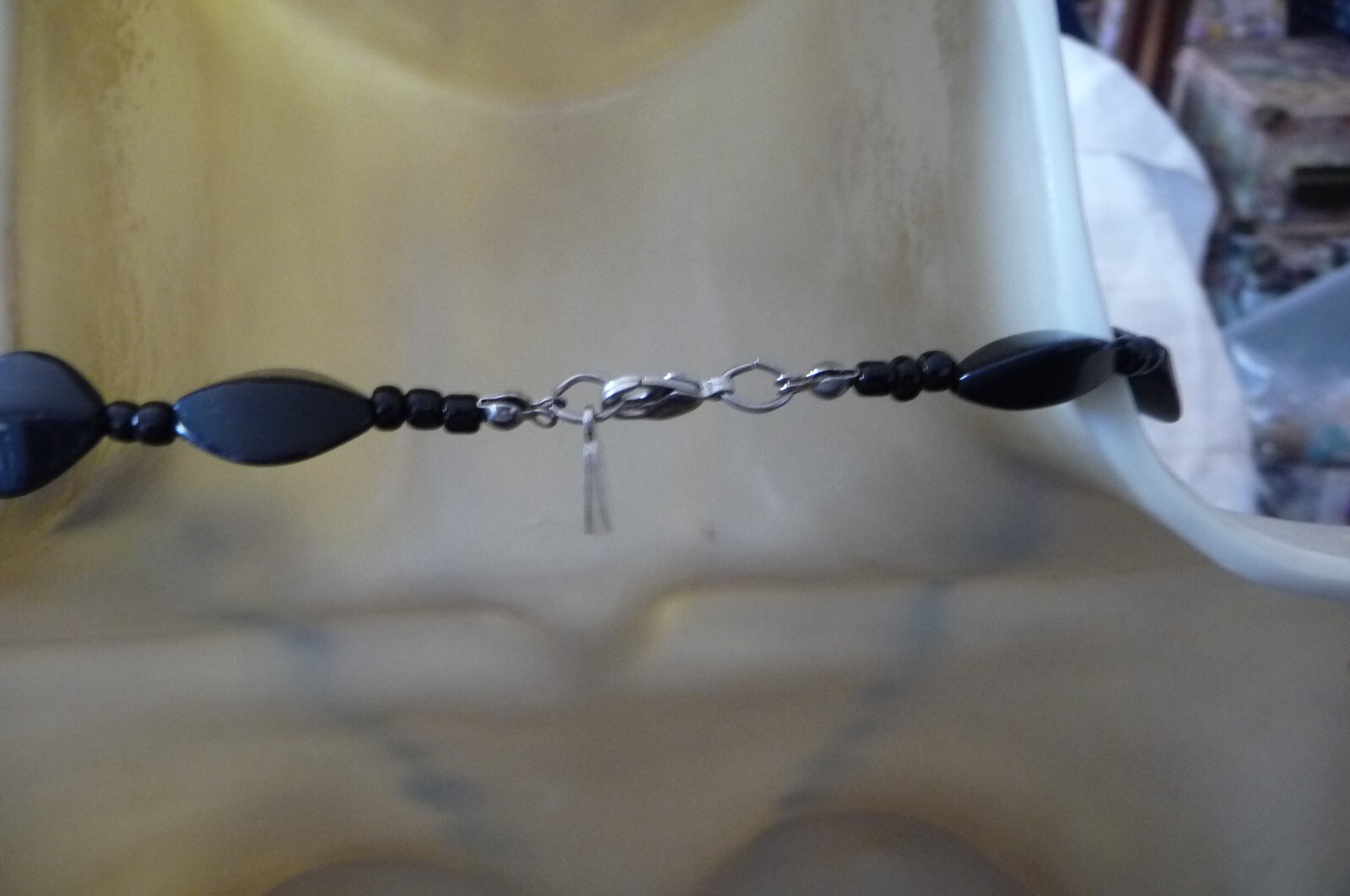 #810A NECKLACE 15″L BY GWEN BLACK BEADS w LARGE 2 3/4″ R BLACK FLOWER PENDANT