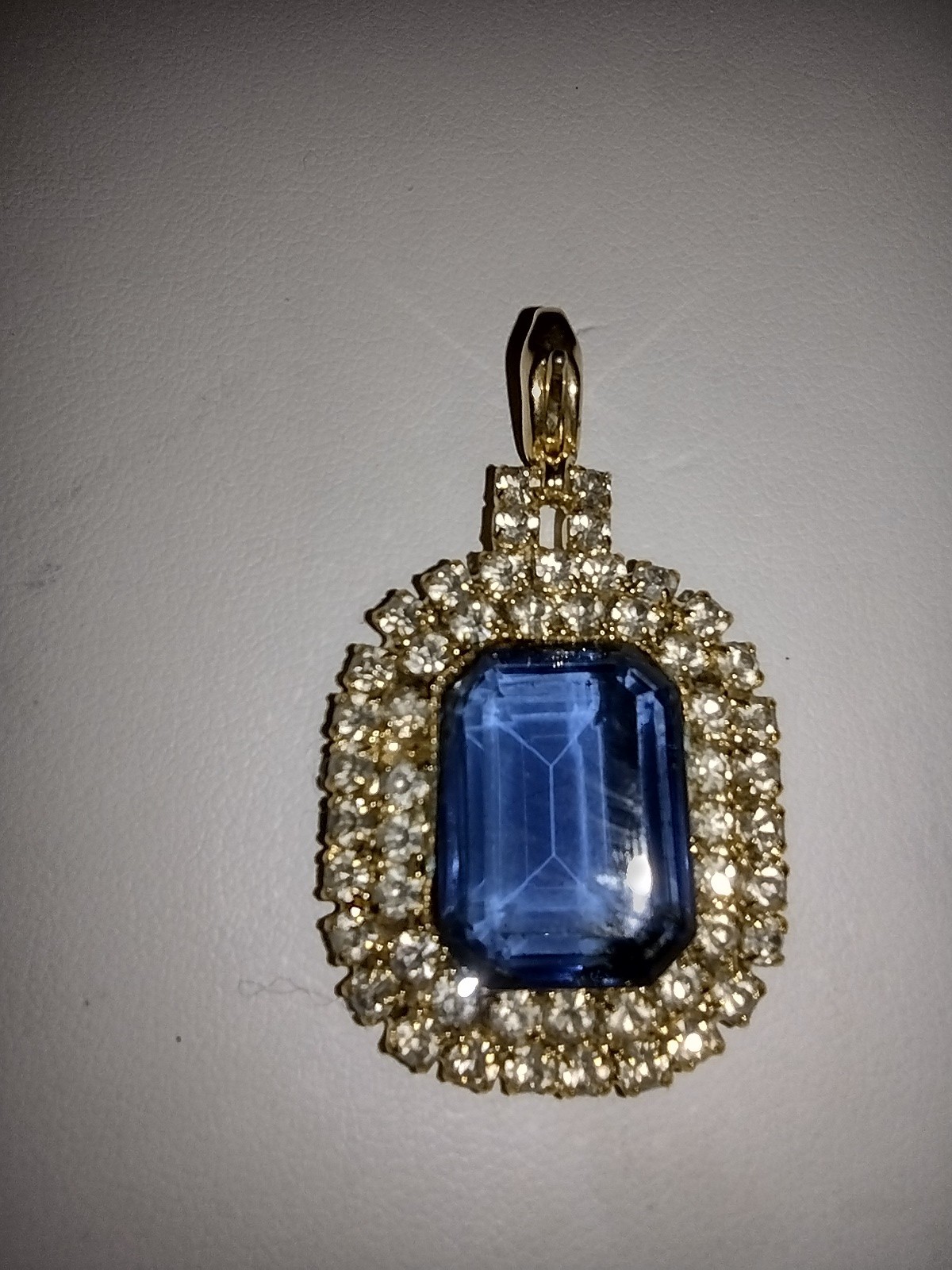 Vintage Hobe Gold Tone Blue Glass, Clear Rhinestone Pendant Only