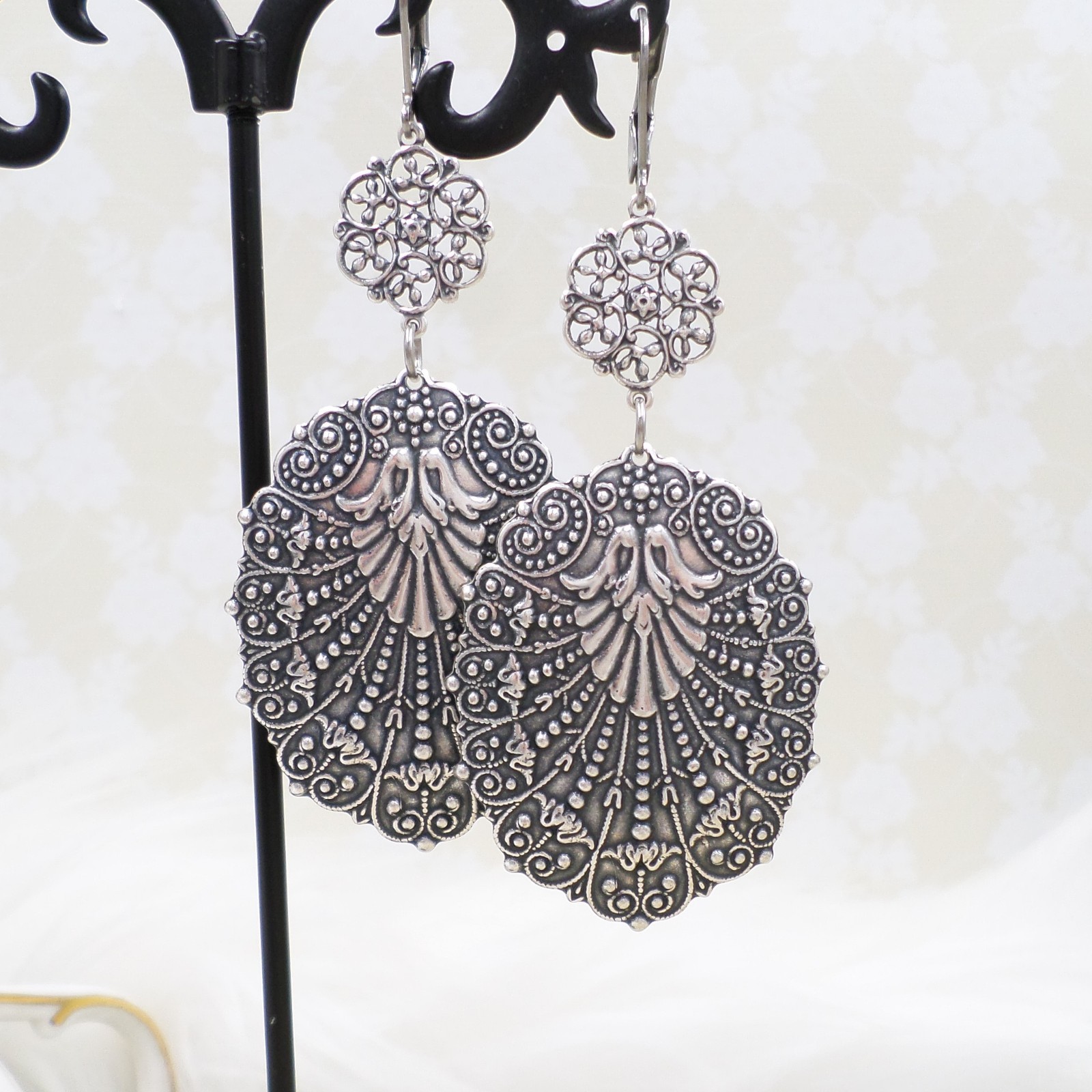 Large Antique Silver Filigree Statement Earrings, Bohemian Ethnic Style Jewelry