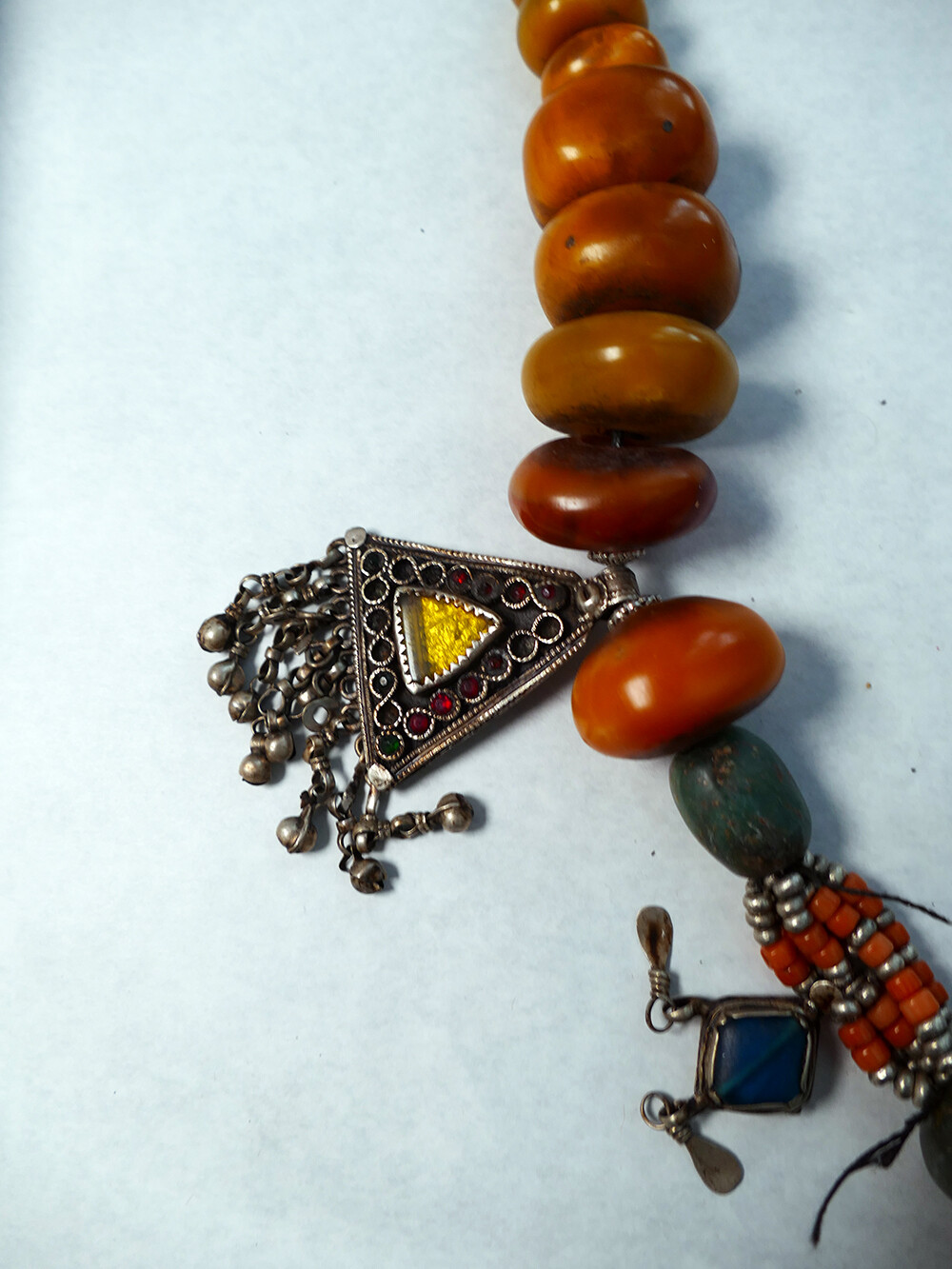Art: Vintage Large 32″ Amber & Silver Berber Necklace from Morocco Lot A