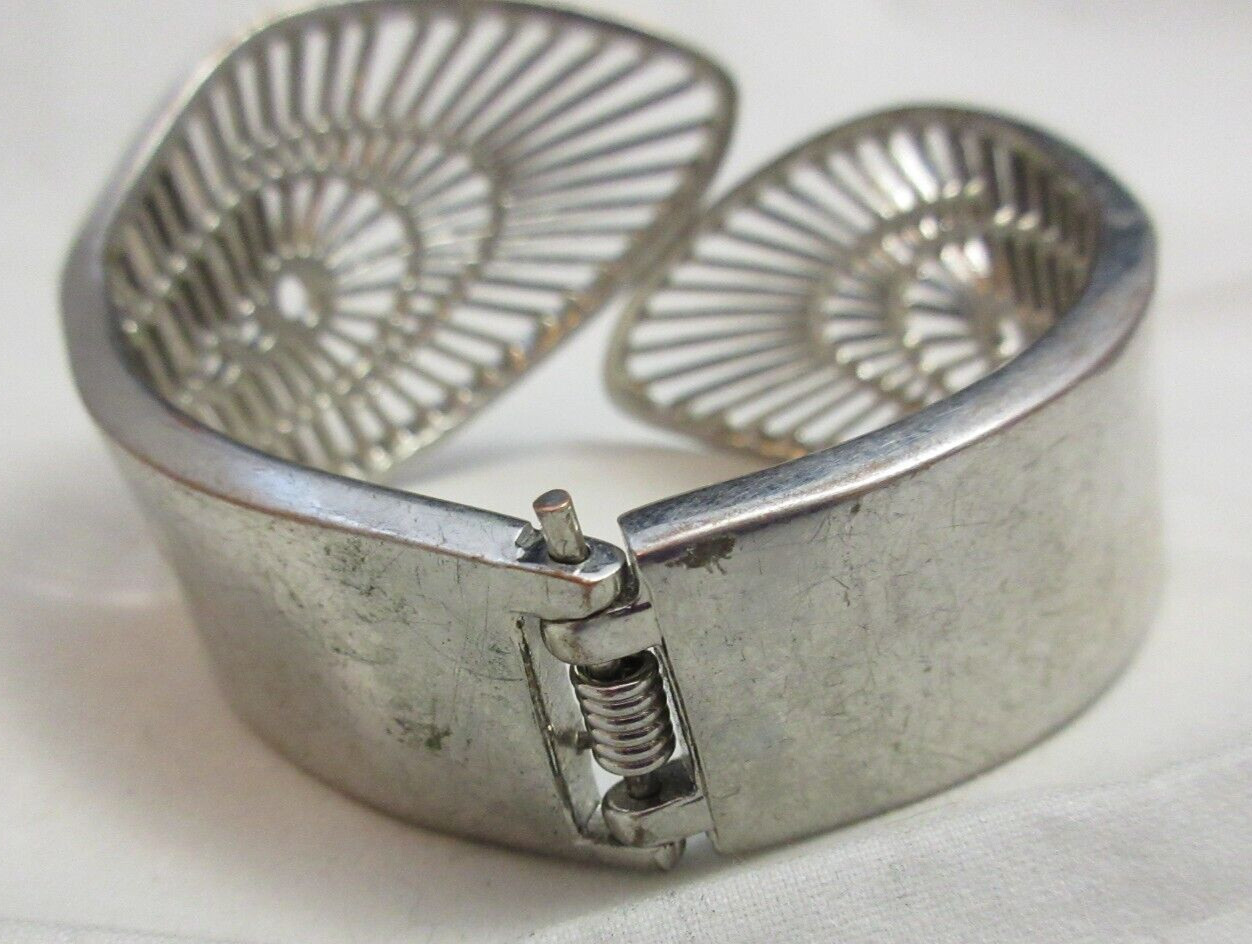 Wide Vintage Hinged Open Work Clamper Cuff Bracelet Silver Tone Wrap Around Look