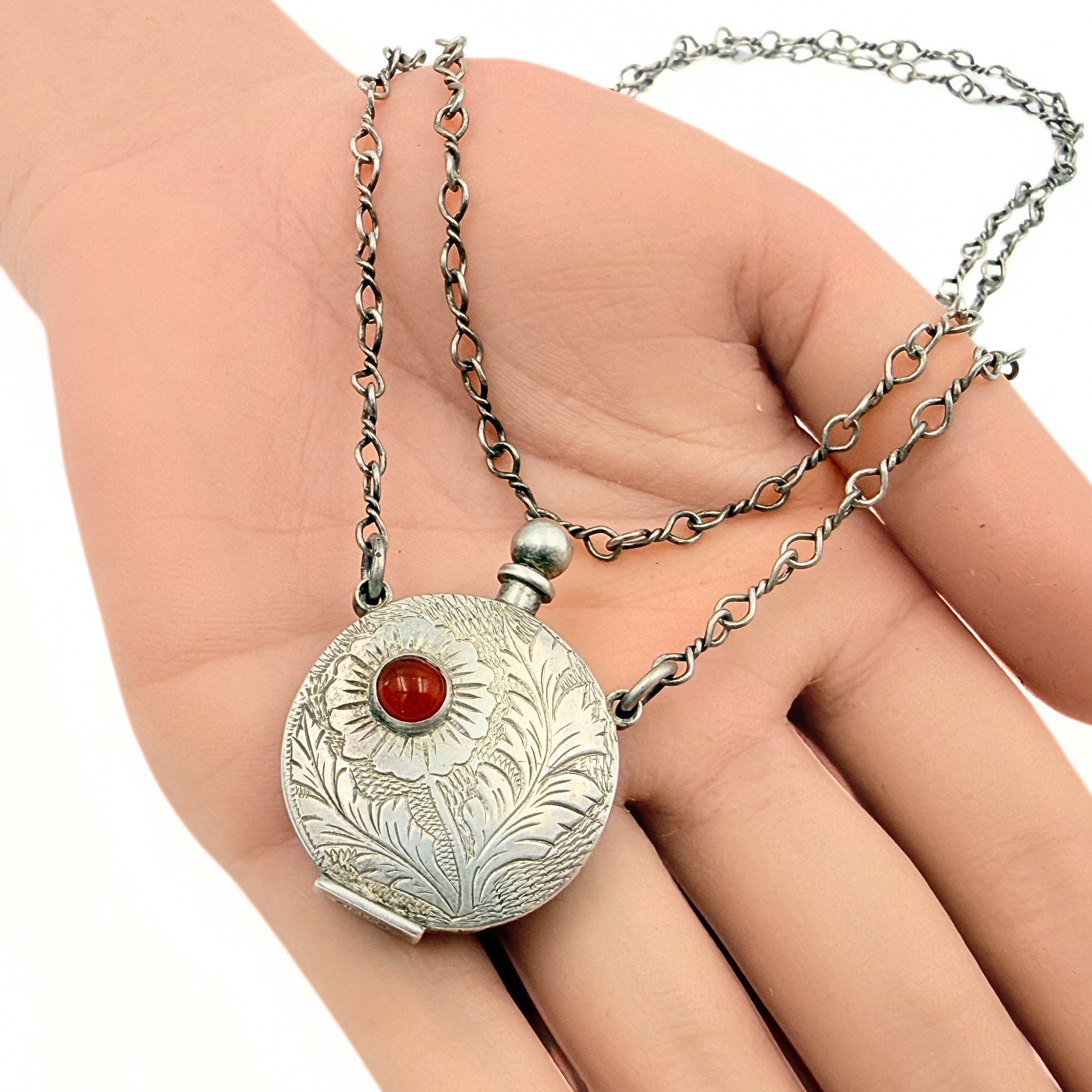 Middle Eastern Figaro Chain Sterling Silver Perfume Bottle Coral Necklace