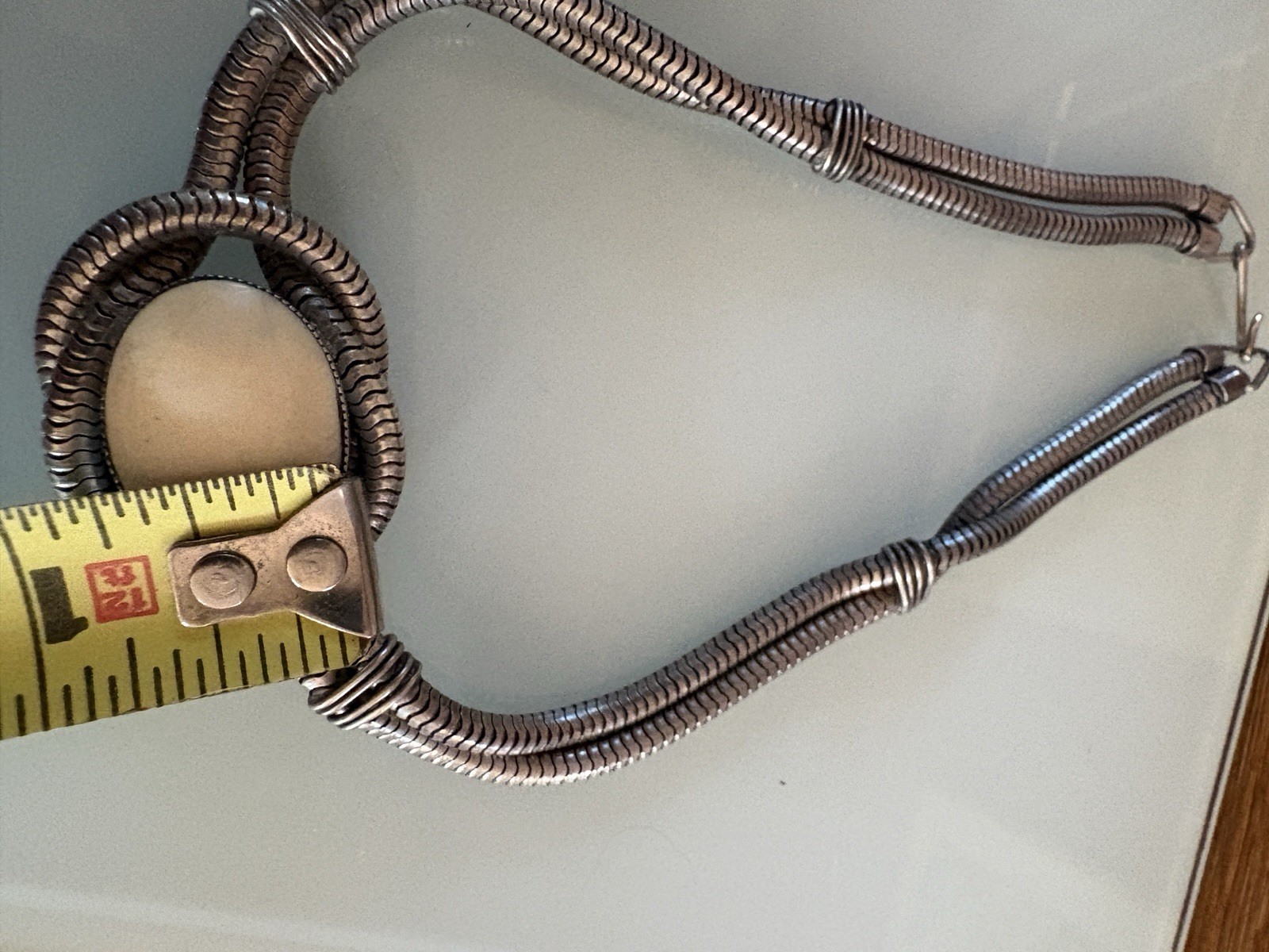 VTG Heavy Choker Necklace Bovine Bone Silvertone Double Serpentine Chain 1970s
