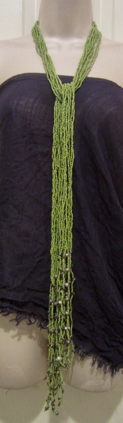 Green Multi-Strand Green Glass Beaded w/ Shells 66″ Long wrap statement Necklace