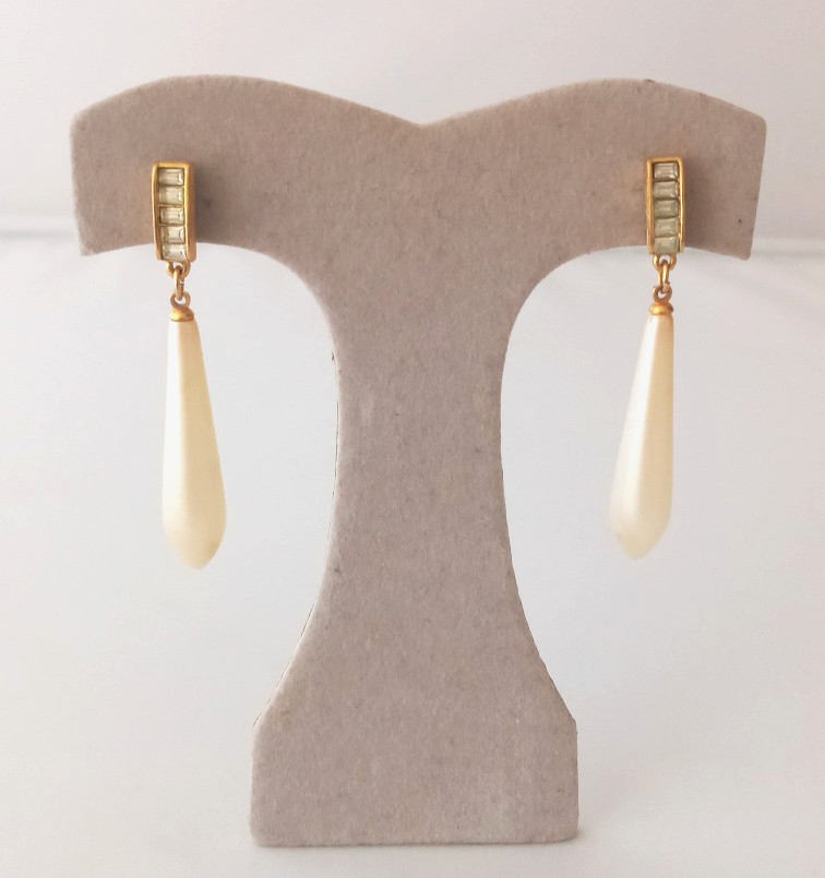 RICHELIEU Faux Pearl and Rhinestone Dangle Drop Pierced EARRINGS Vintage