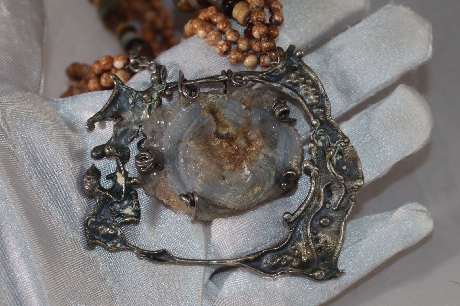 Fab! Cathleen McLain Brutalist Druzy Quartz Sterling Silver Pendant Necklace