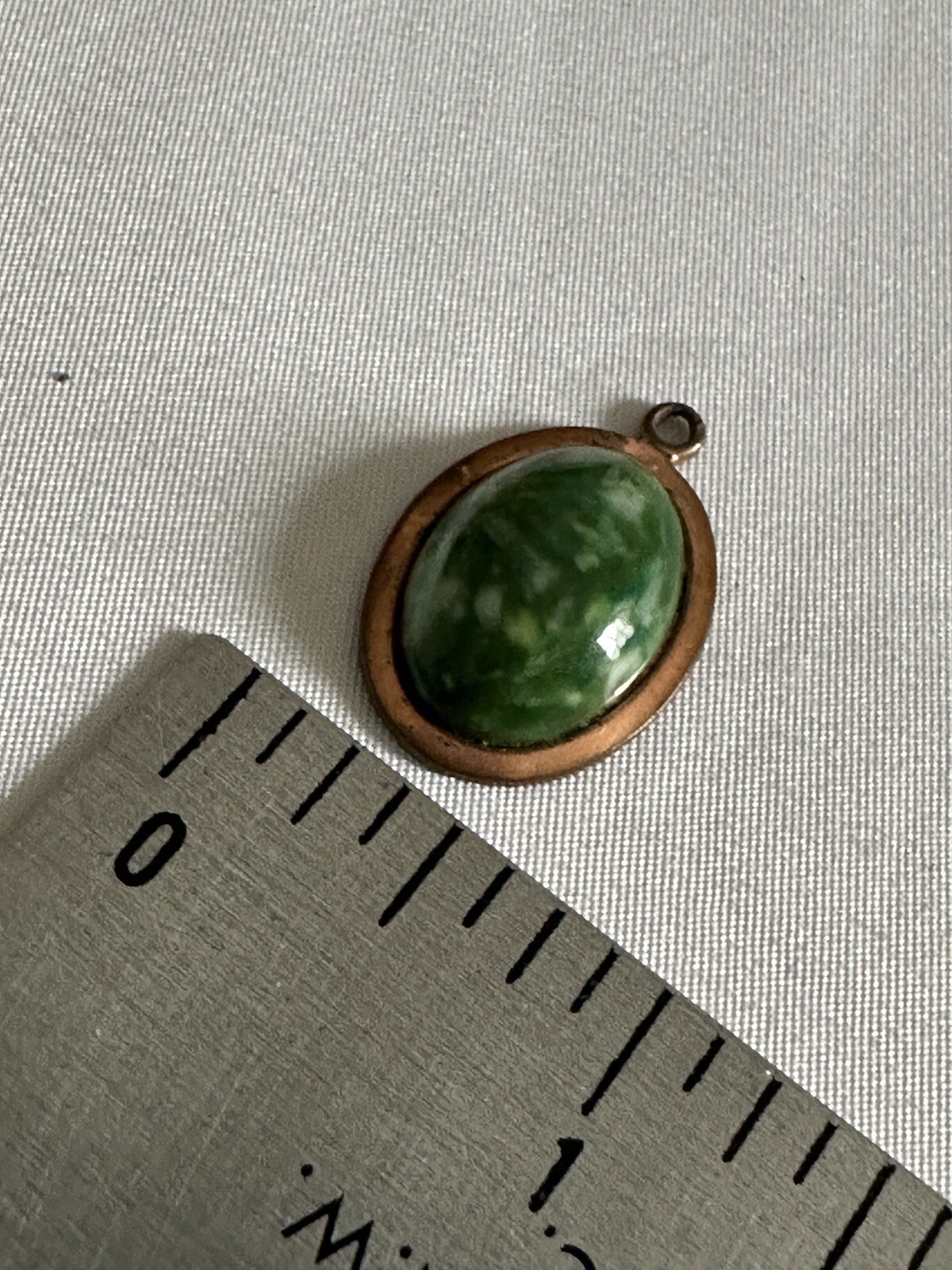 Vintage Green White Stone Cabochon Pendant Copper Tone Metal Oval Shape B11