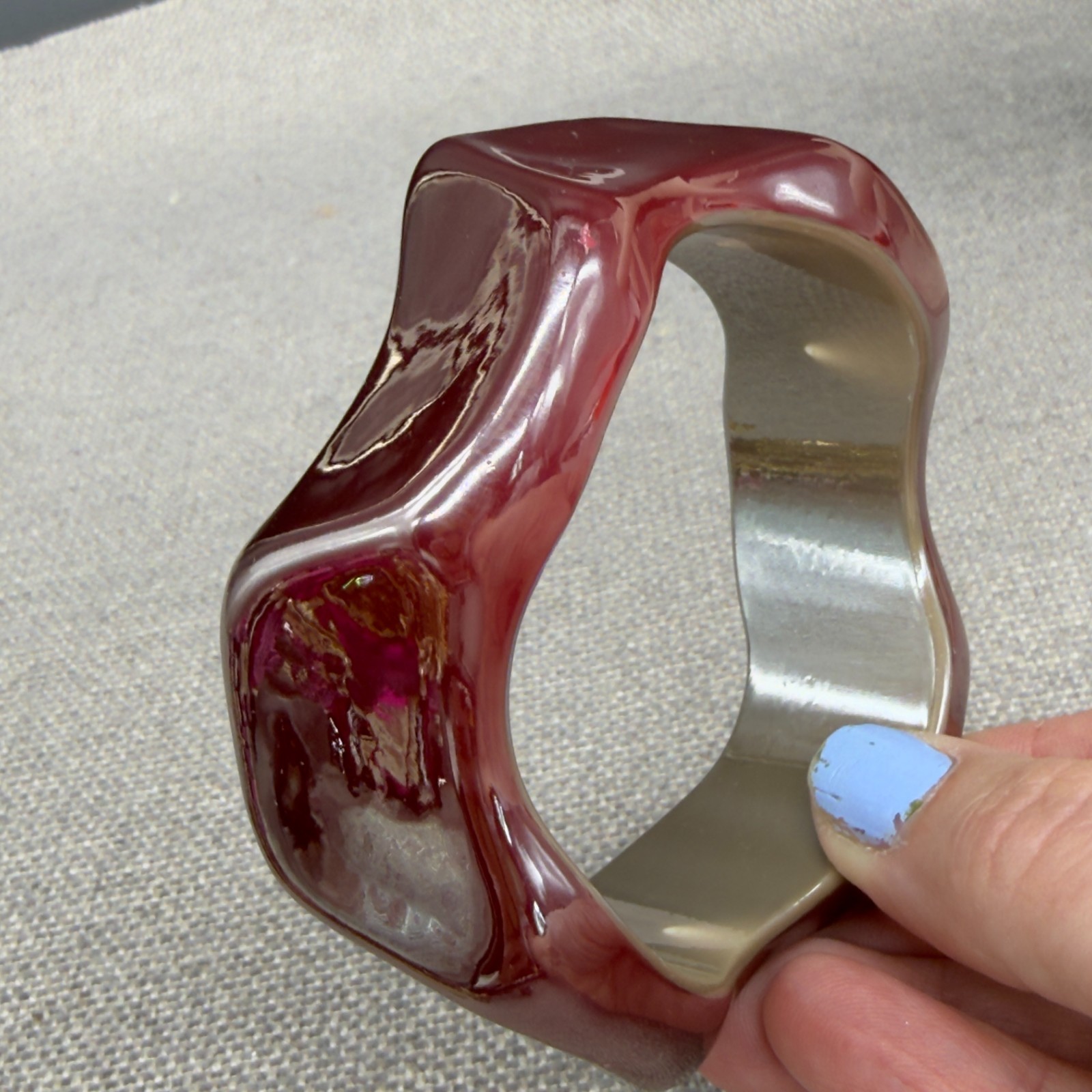 Vintage Acrylic Bracelet Iridescent Red Curved Bangle Size 7.5 Inches Mod Funky