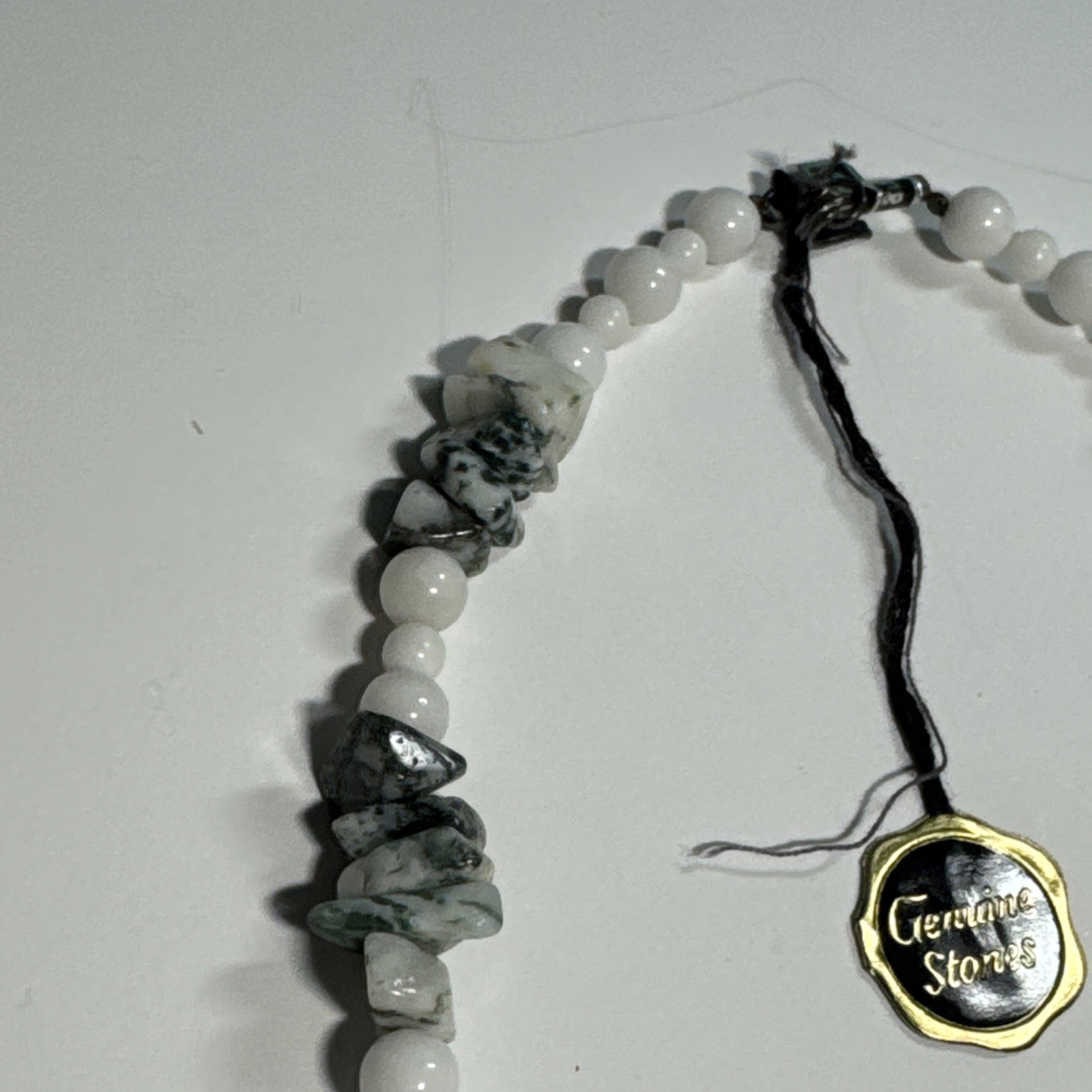 Moss Agate & White Bead Necklace Sterling Silver Clasp W/ Tag 17” Very Pretty