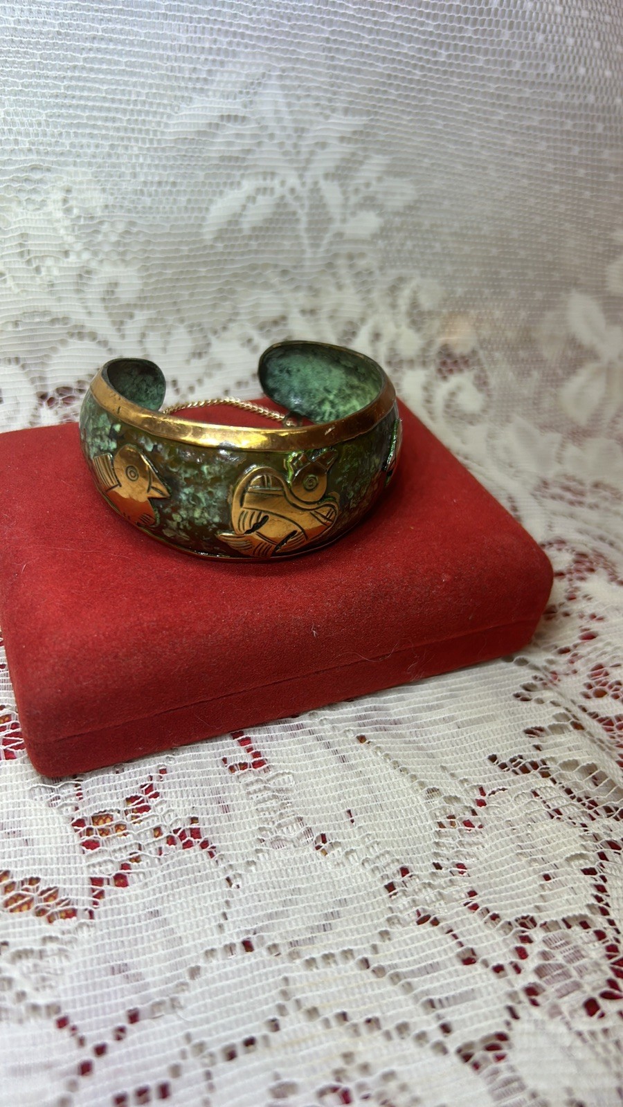 Vintage Copper & Enamel Story Cuff Bracelet With Birds~Safety Clasp