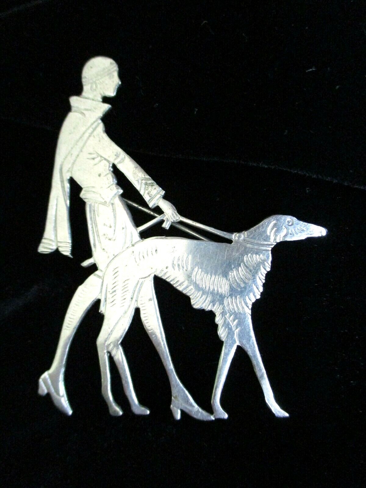 RARE Vogue ART DECO 1920s Vintage CHROME Lady Walking DOG Brooch PIN