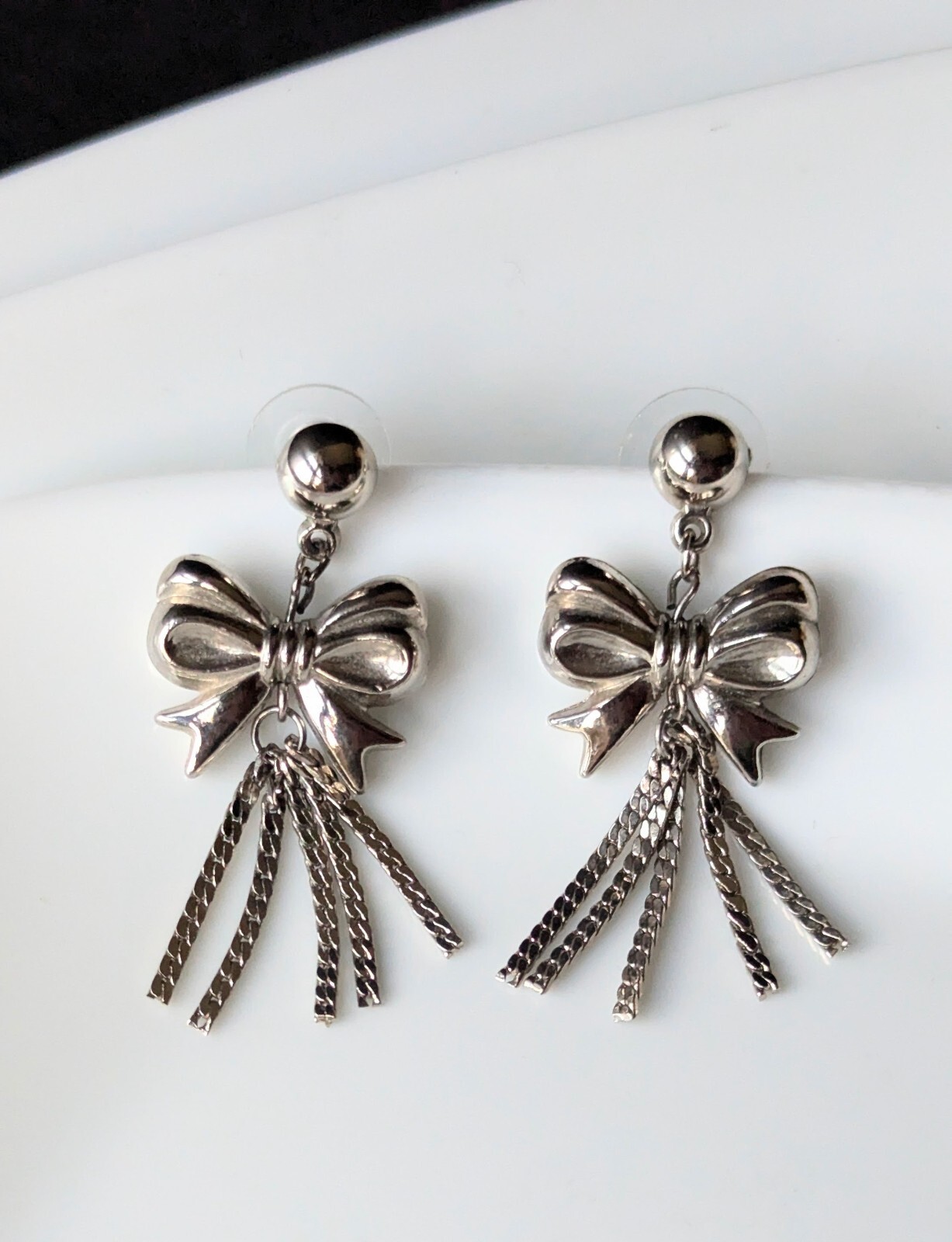 Vintage Silver Tone Ribbon Bow Tie Tassel Chain Charm Drop Stud Dangle Earrings