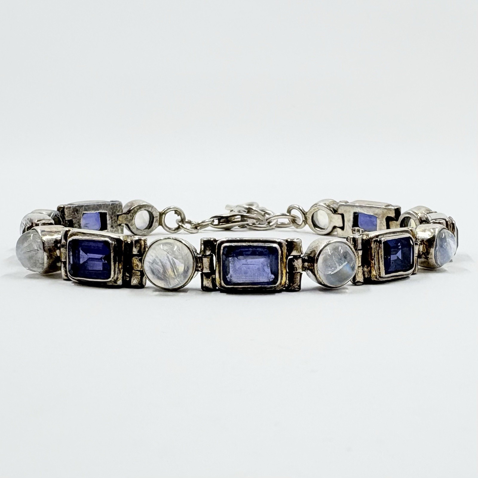 Vintage Iolite & Moonstone Bracelet Sterling Silver Adjustable Length 21.1 Grams