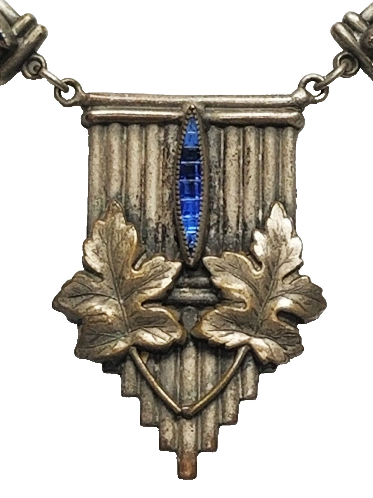 Antique Art Deco / Nouveau Simulated Sapphire Pendant Necklace Leaf Motif 18 3/4