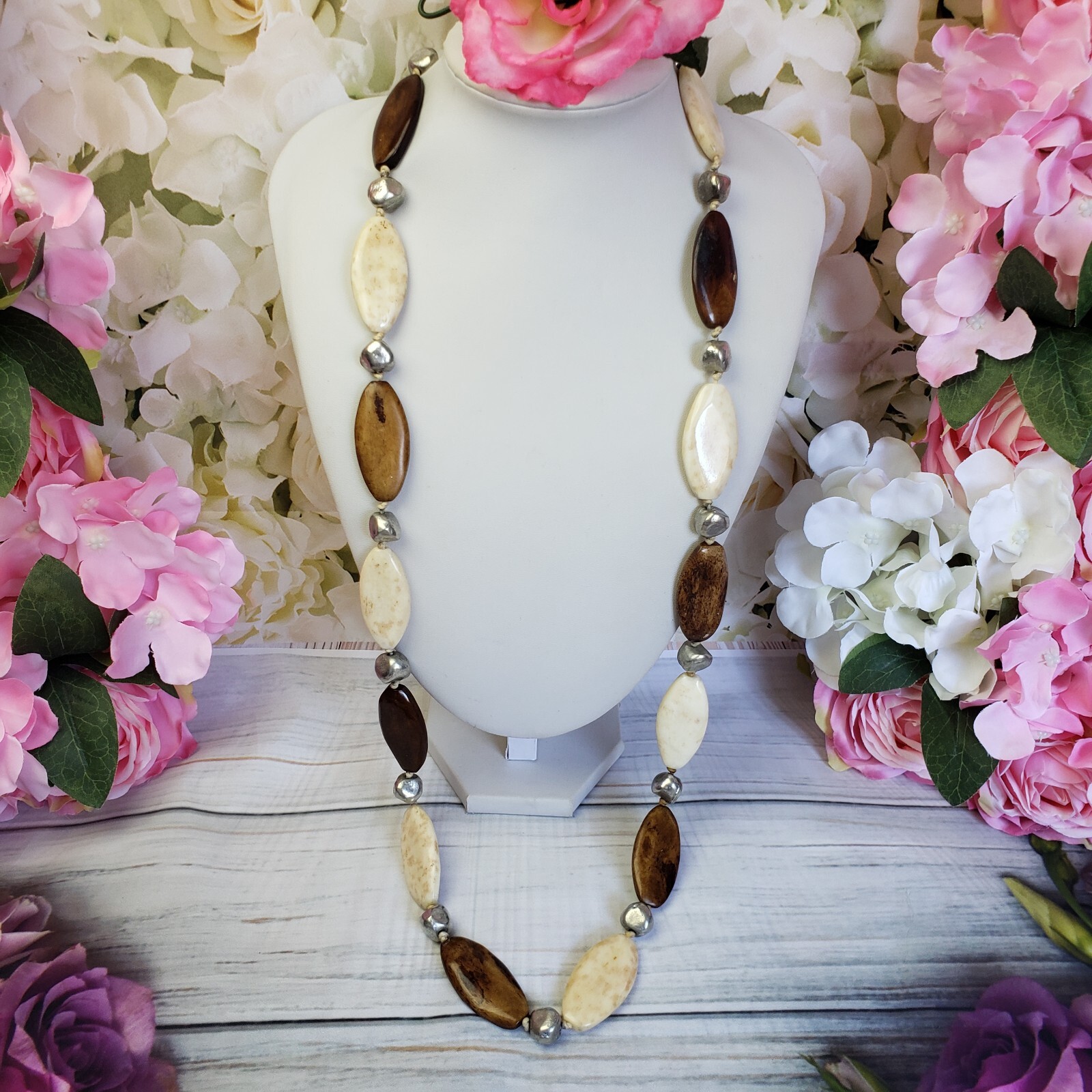 Artisan White & Brown Beaded Long Silver Tone Necklace