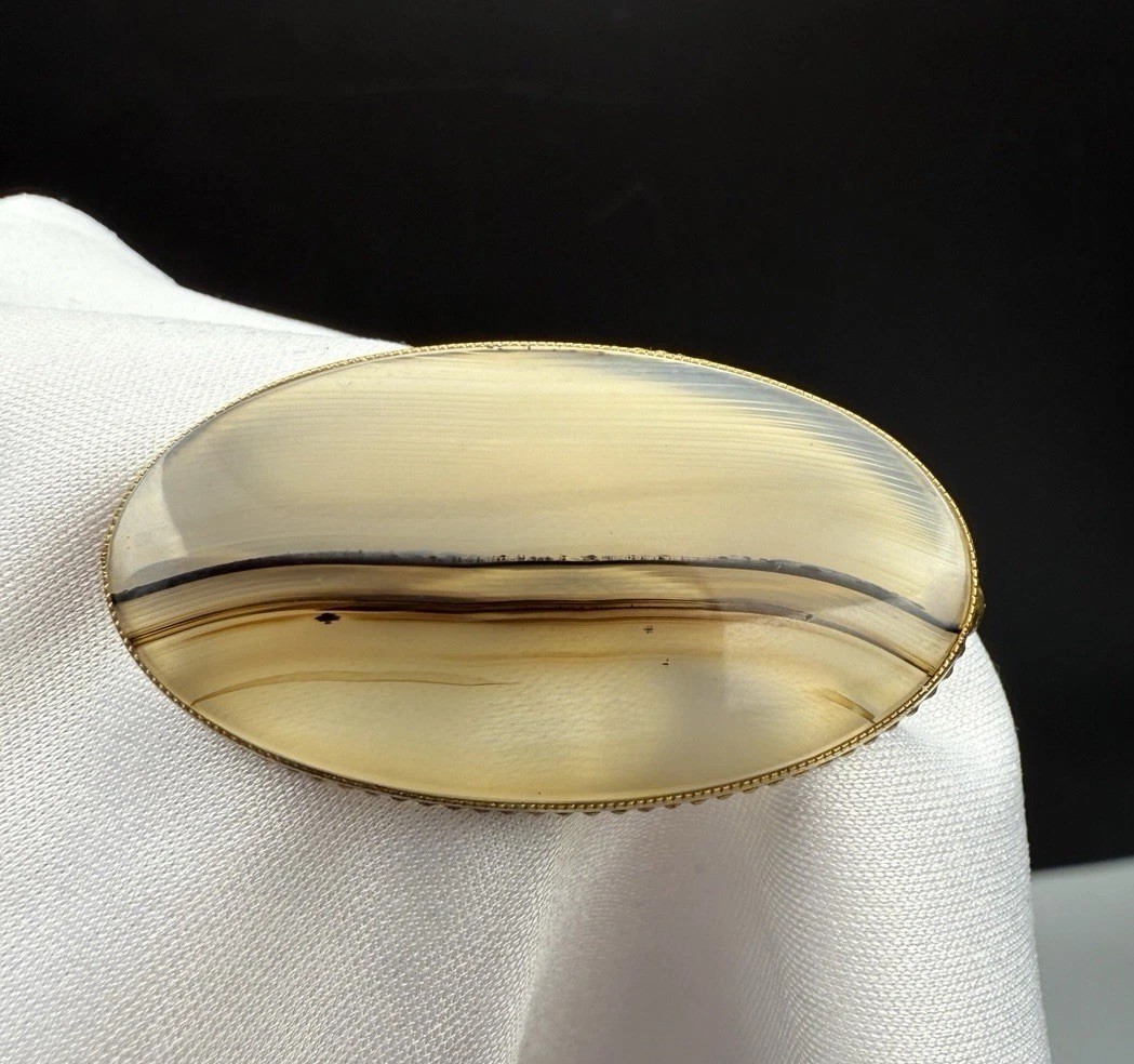 Brooch Pin Vintage Oval Banded Agate Gold Tone 4cm Long