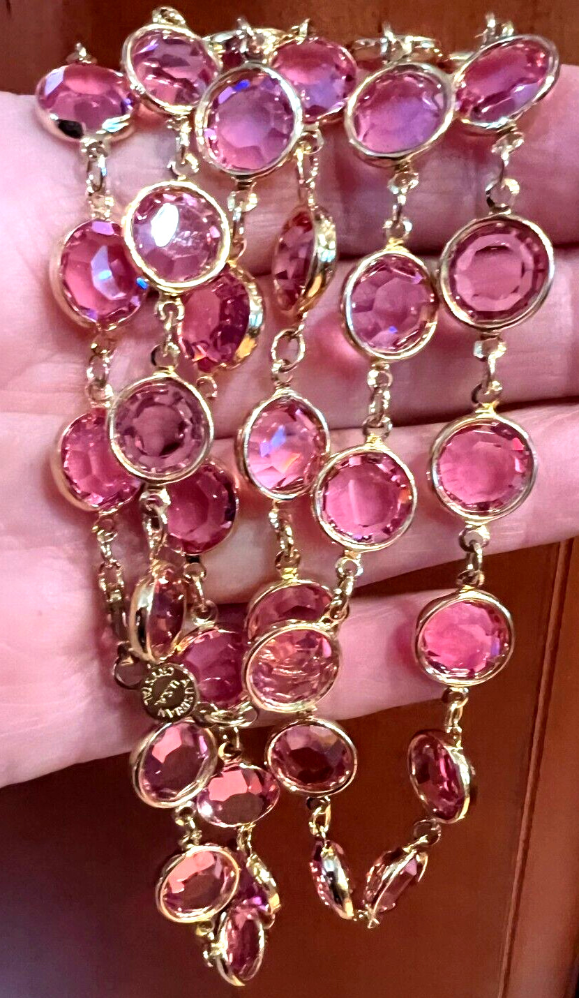 Vintage Pink AUSTRIAN Crystal USA Bezel Set 12 mm Crystals 36″ Long Necklace