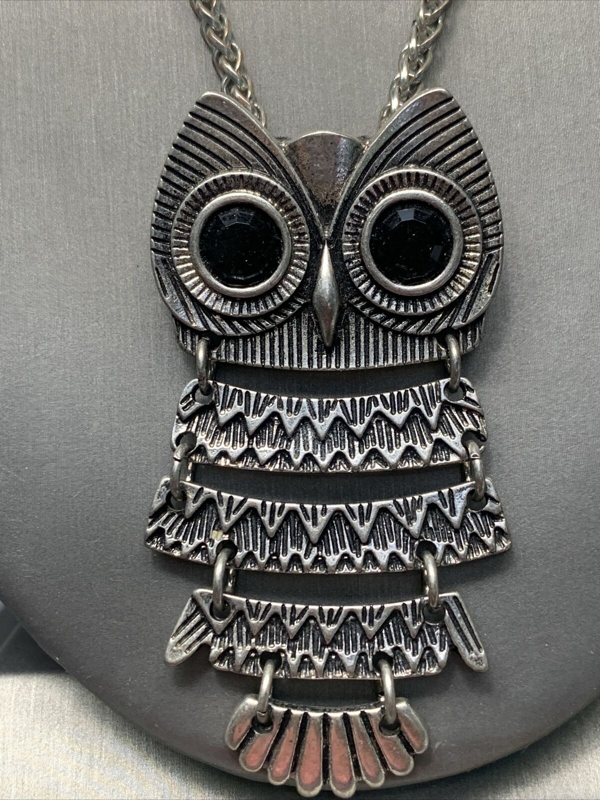 Vintage articulated, owl, rhinestone eyes wheat link chain, Pendant Necklace 24