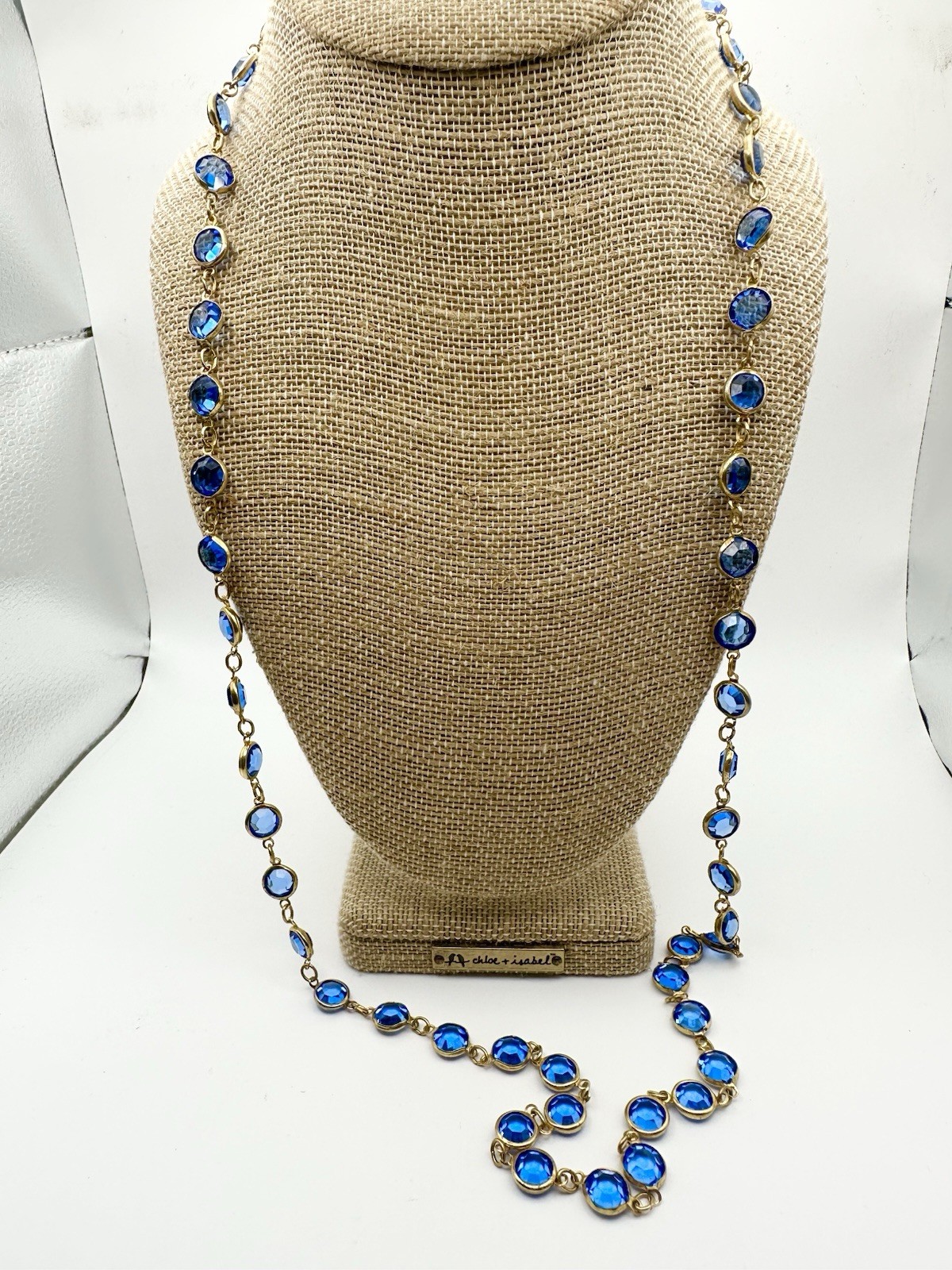 Vintage Austrian Crystal USA Blue Crystal Bezel Necklace 34”Long