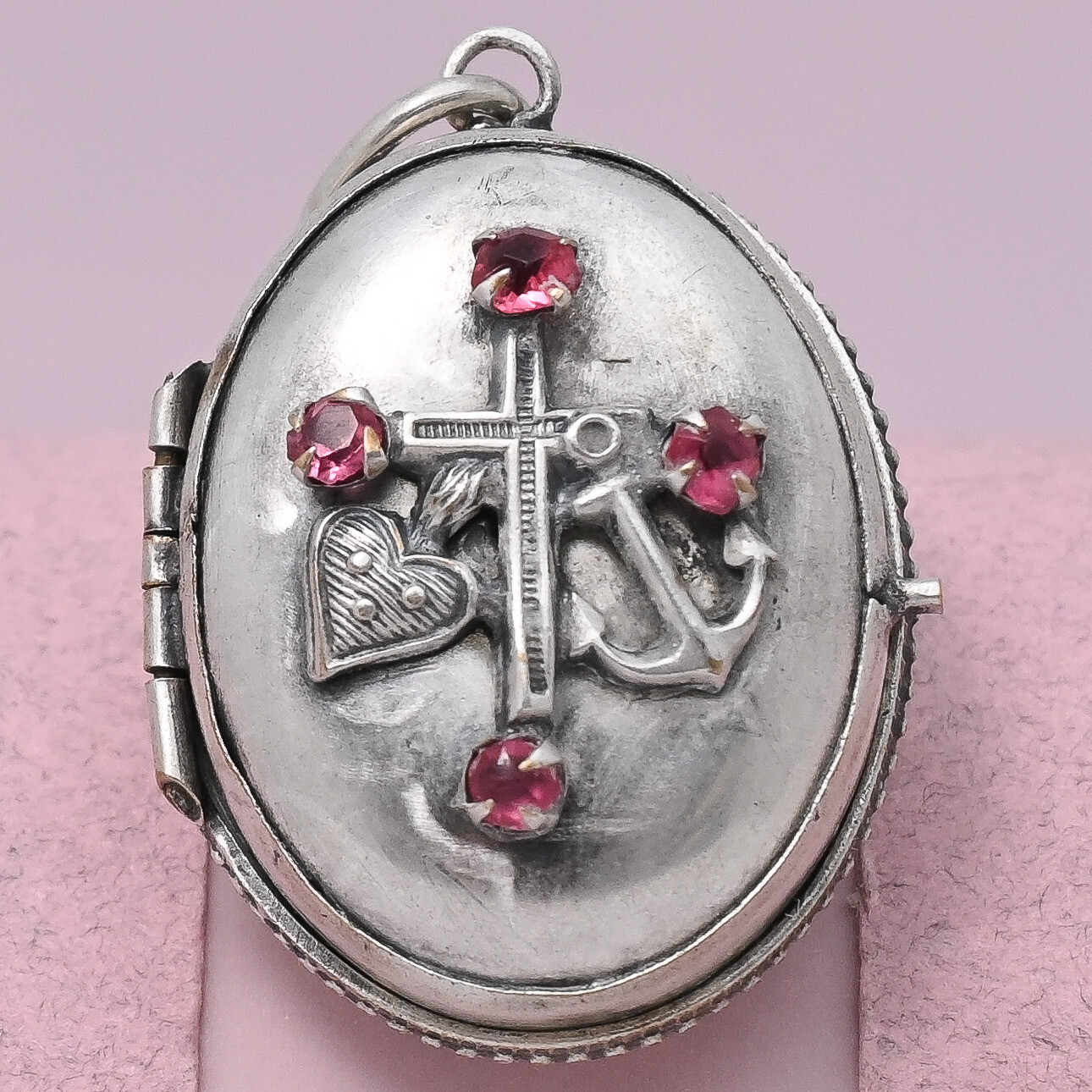 Antique Victorian Heart Cross Anchor Pink Paste Silver Puffy Pendant Locket