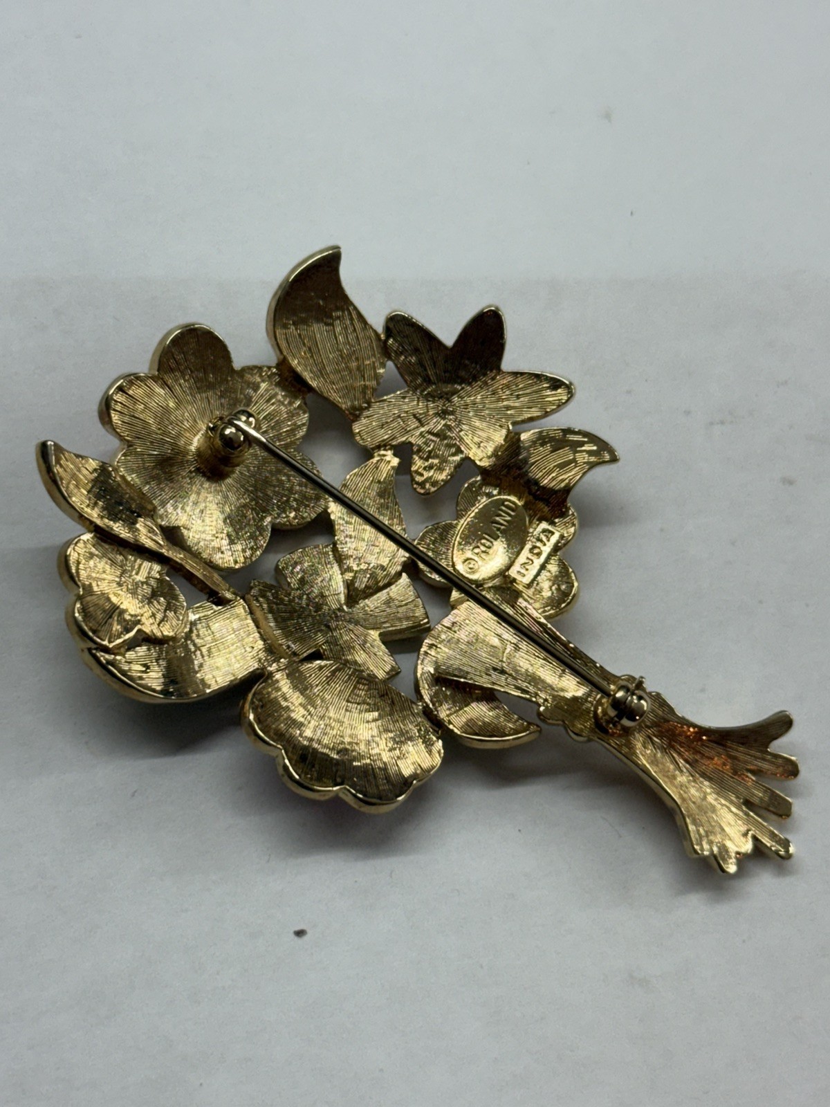 HUGE Roland Pink Blue Purple Enamel Gold Tone Rhinestone Flower Bouquet Brooch