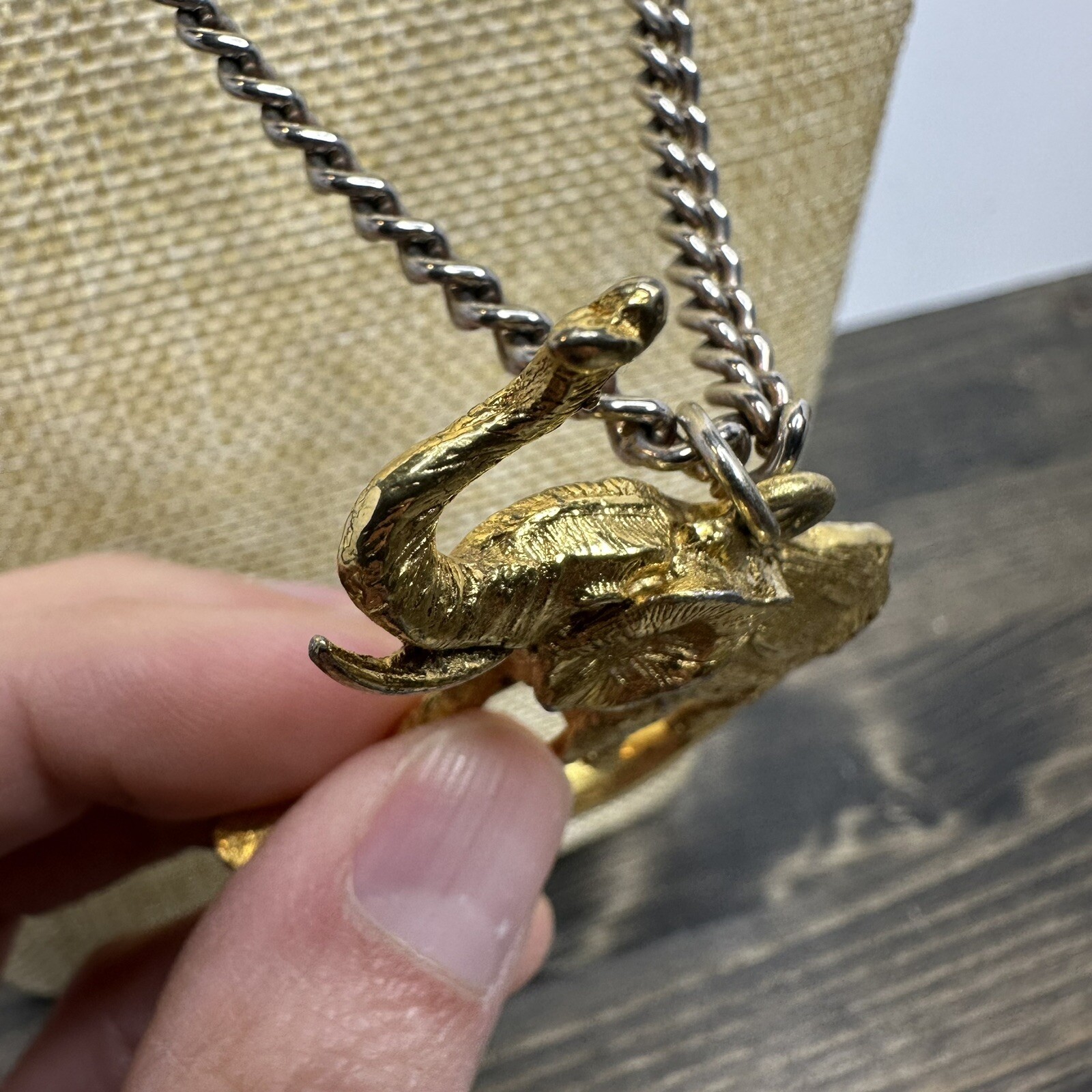 Vintage Elephant on Tusk Necklace Gold Tone Large Pendant Safari Estate Find