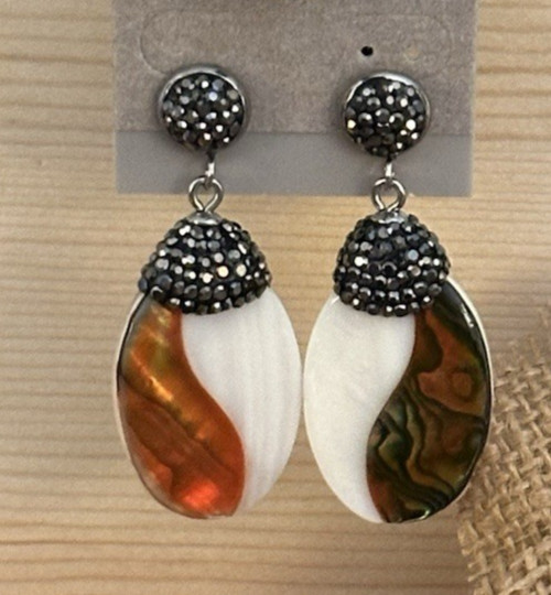 Fashion Earrings Black Pave Rhinestone Oval Amber Brown White Acrylic Boho Chic