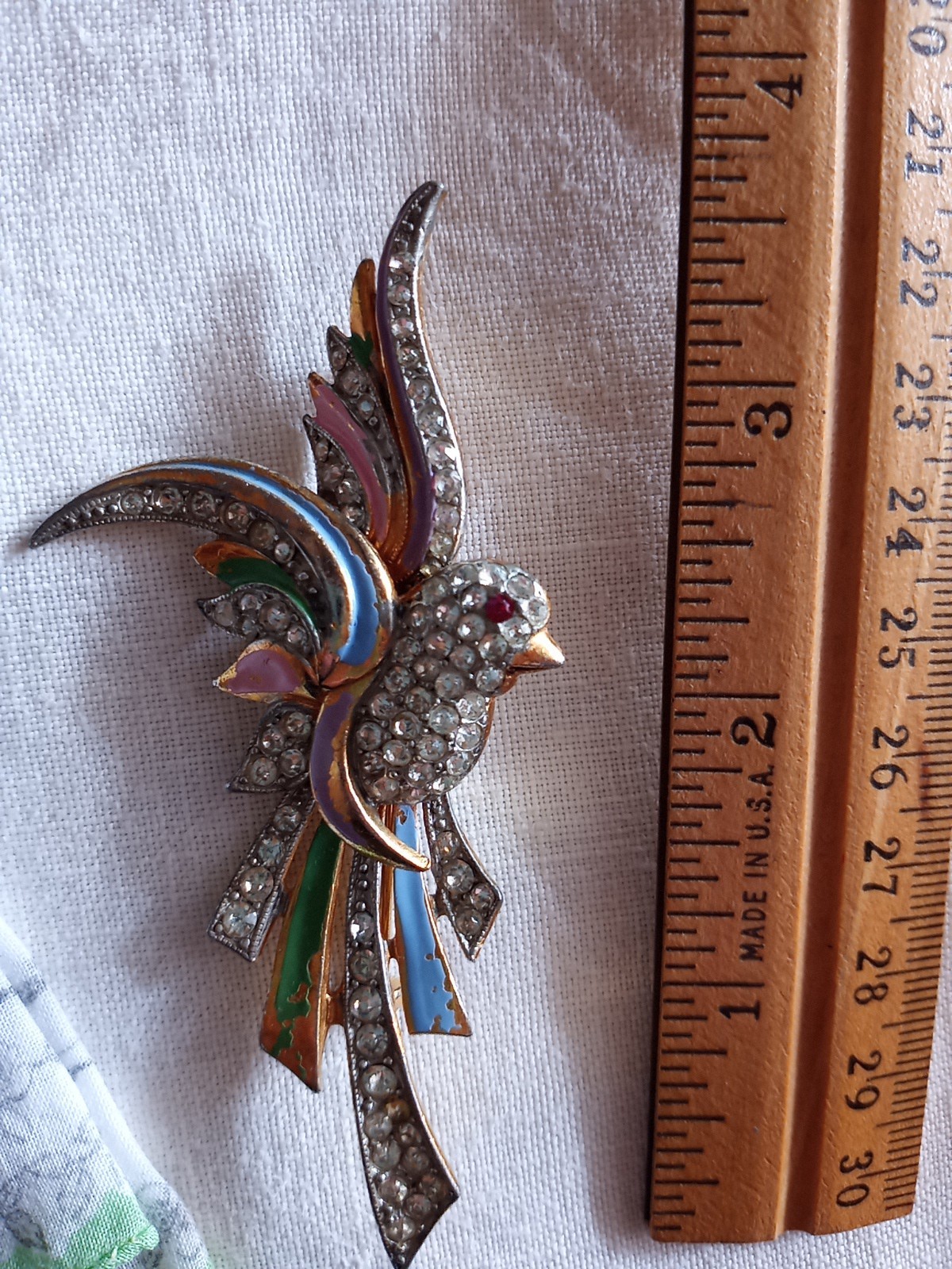 Vtg Coro? Clear Red Rhinestone Pink Blue Enameled Green Paradise Bird Brooch Pin
