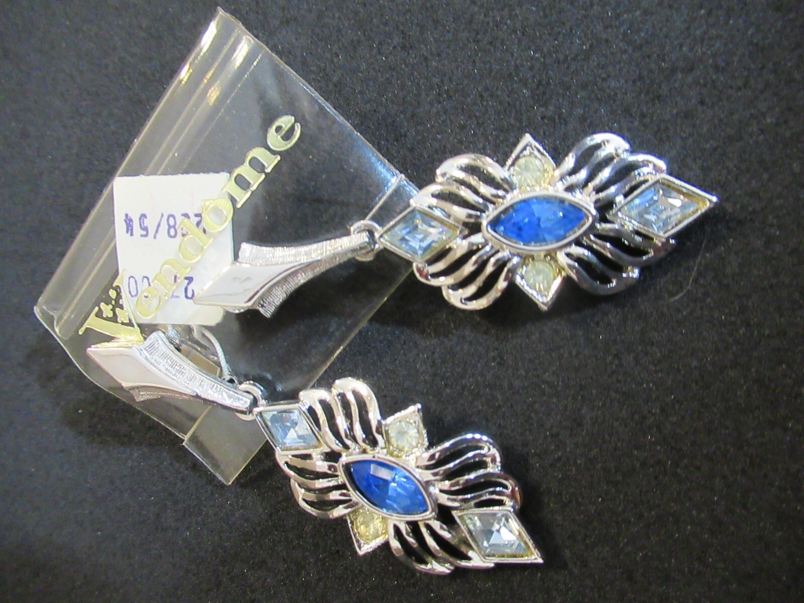Vendome Silver Tone Rhinestone Earrings Signed Heavy Adjustable Clip on NOS