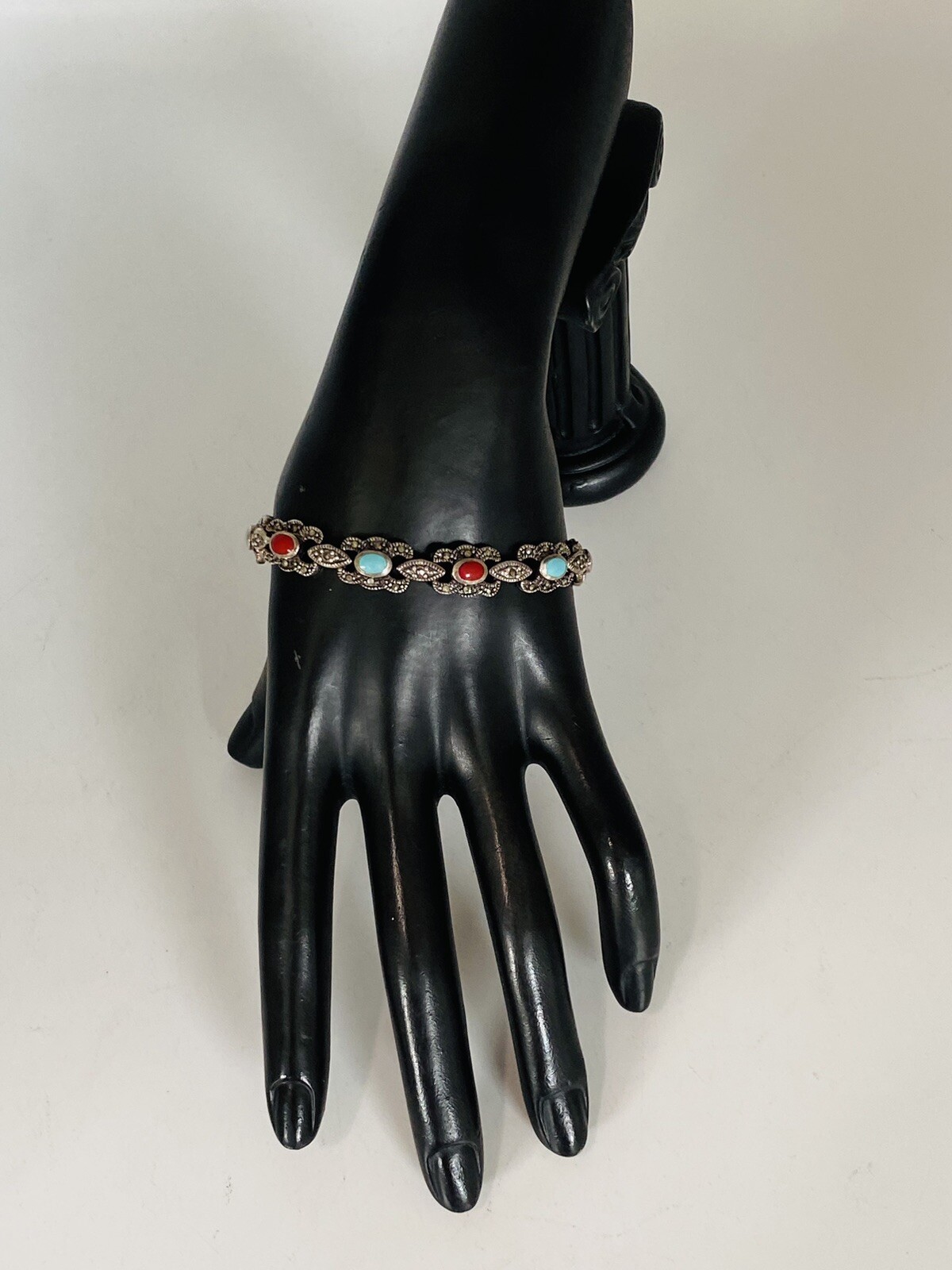 Vintage Sign Sterling Silver Multi Stone Turquoise Coral Marcasite Link Bracelet